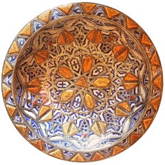 Metal and Camel Bone Inlaid Moroccan Hand-Painted Plate, Blue / White