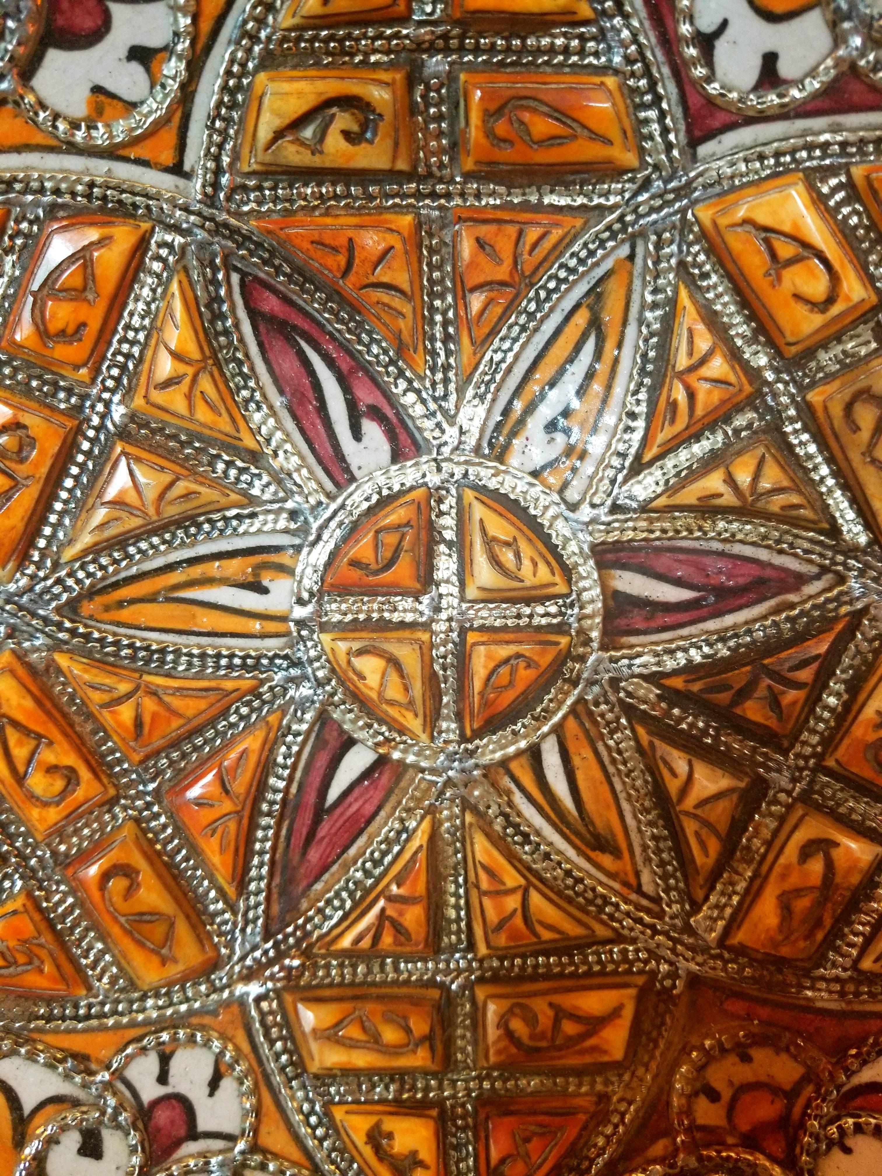 Metal and Camel Bone Inlaid Moroccan Hand-Painted Plate, Multi-Color In Excellent Condition For Sale In Orlando, FL