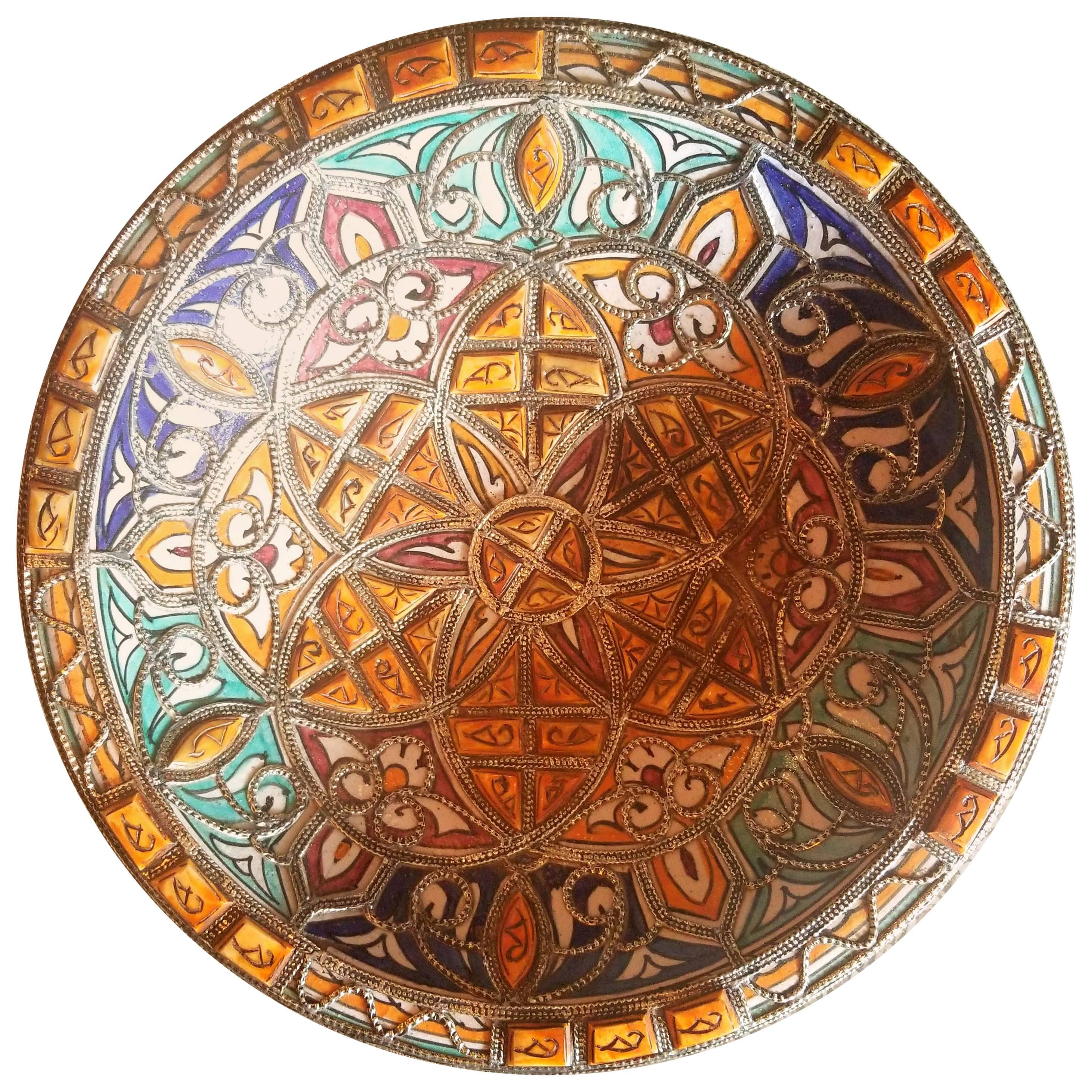 Metal and Camel Bone Inlaid Moroccan Hand-Painted Plate, Multi-Color For Sale