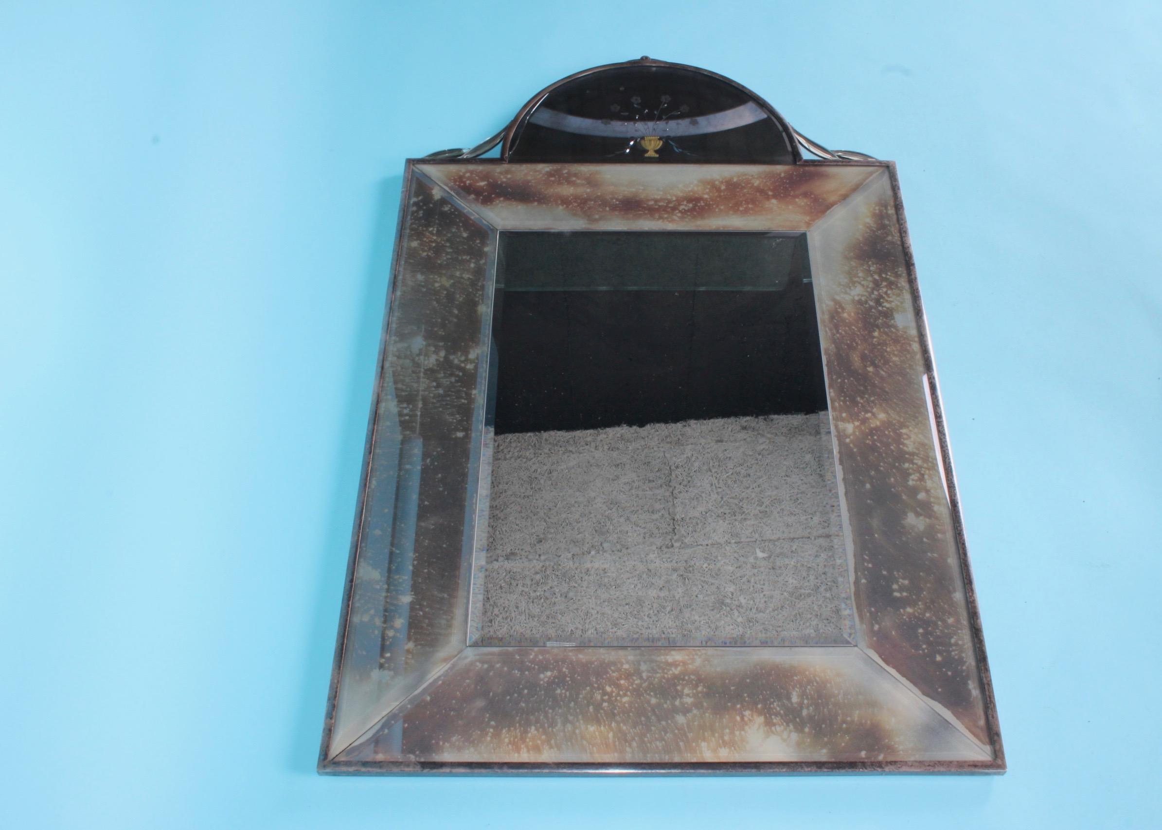 Metal and glass wall mirror, the top round part is broken see photo.