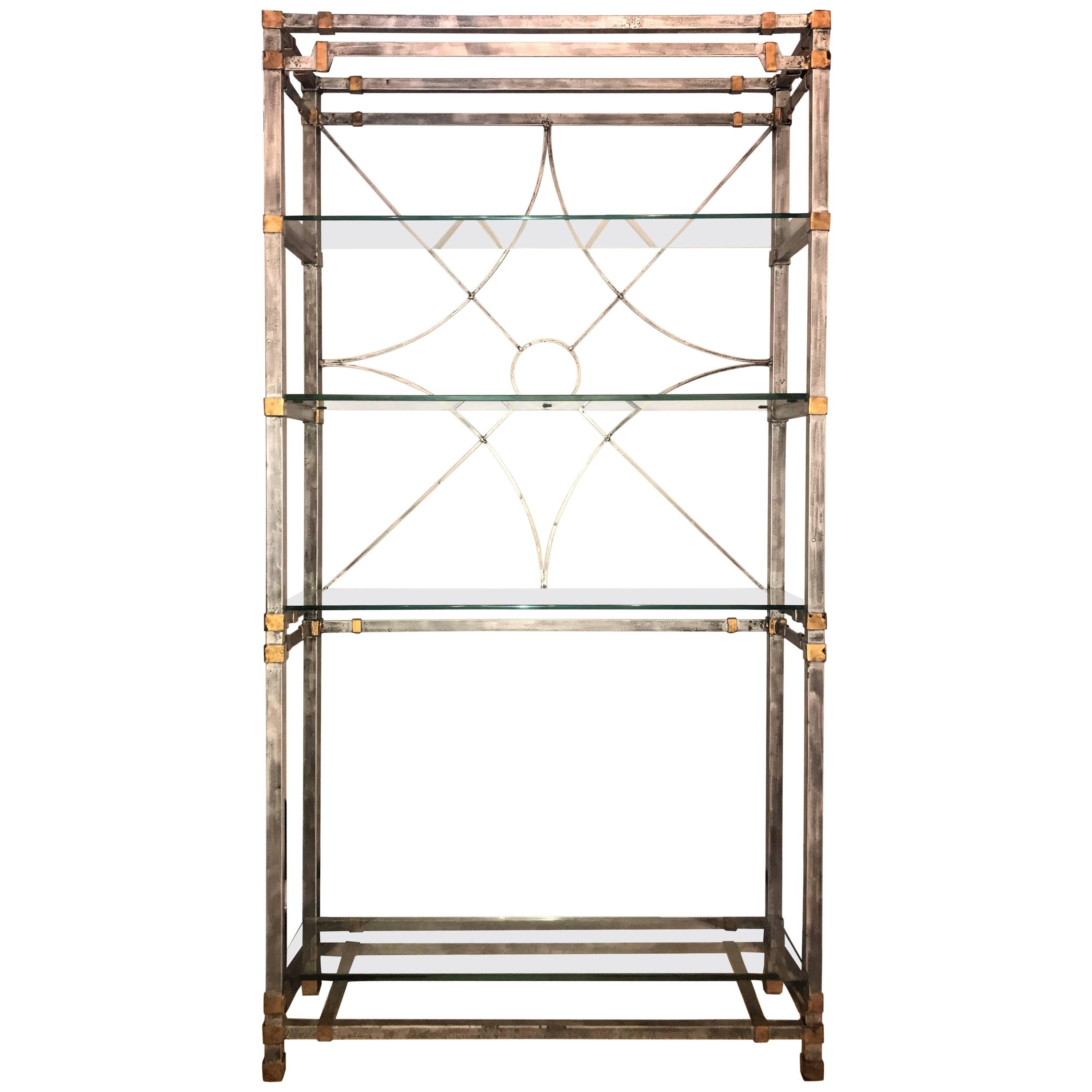Metal and Glass Shelf Spider Web Backed Étagère Hollywood Regency Style