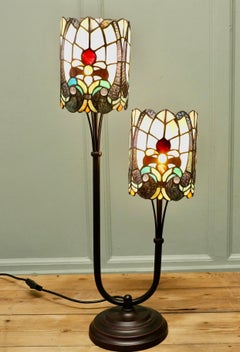Tiffany Style Twin Lamp with Metal Base and Jewel Glass Shades