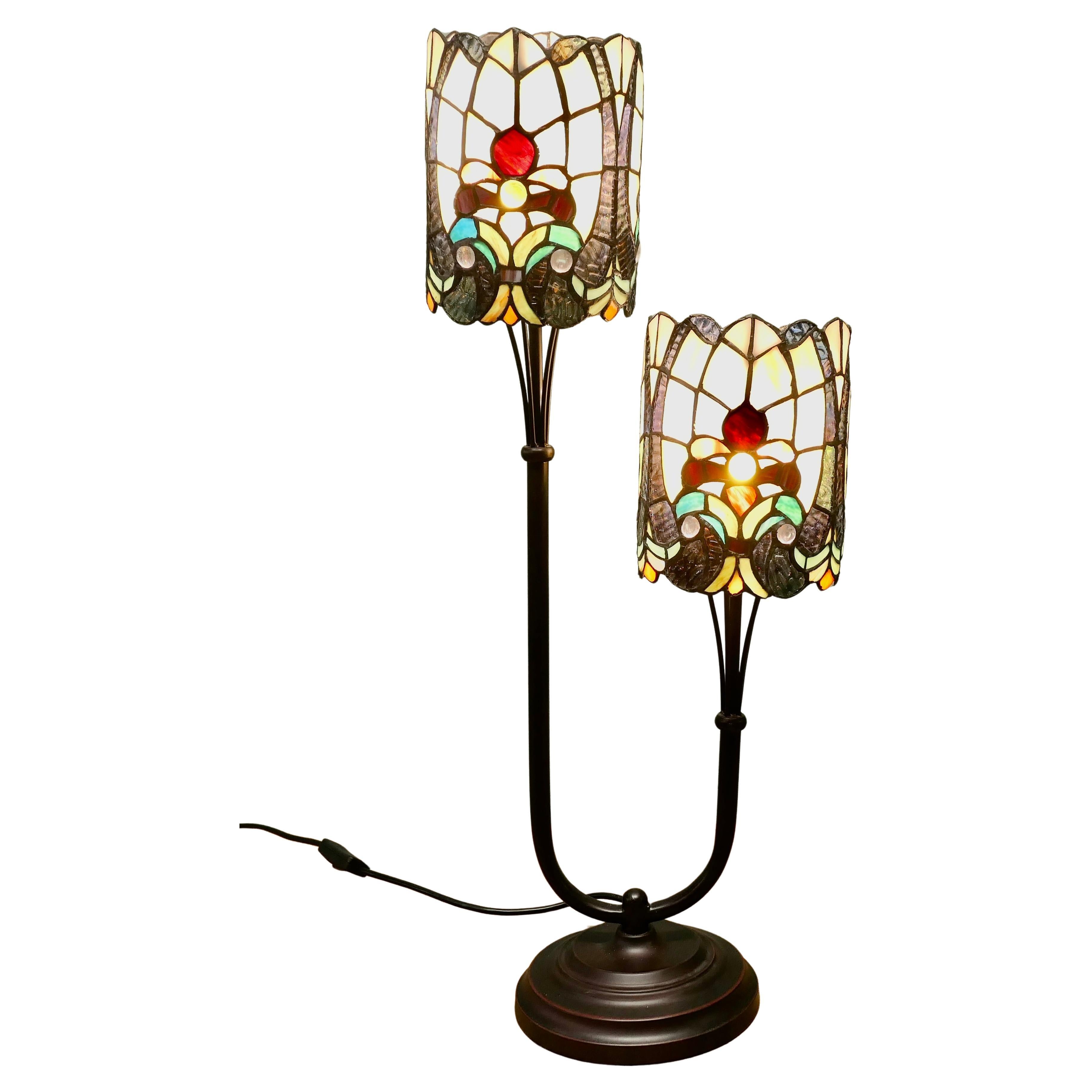 Metal and Jewel Glass Tiffany Style Twin Lamp