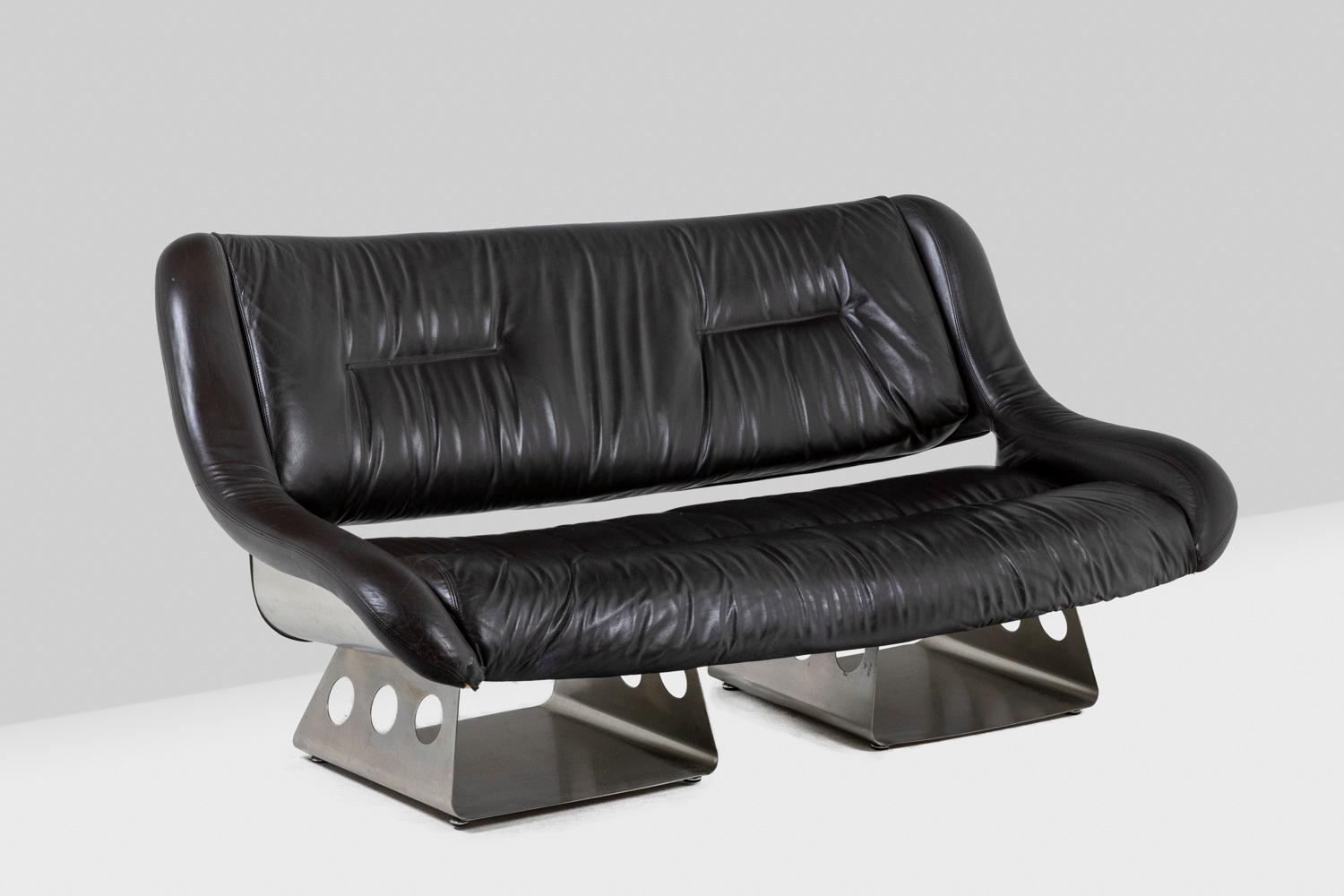 Wohnzimmer aus Metall und Leder, 1970er Jahre LS57905650/5G im Zustand „Gut“ im Angebot in Saint-Ouen, FR