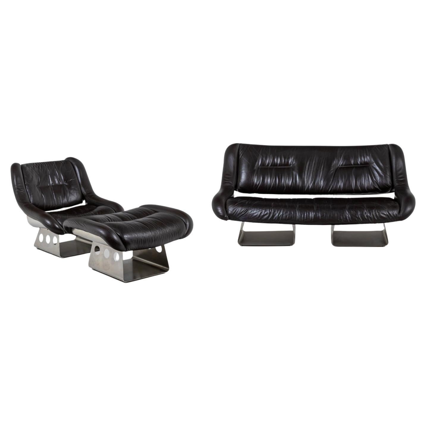 Wohnzimmer aus Metall und Leder, 1970er Jahre LS57905650/5G im Angebot