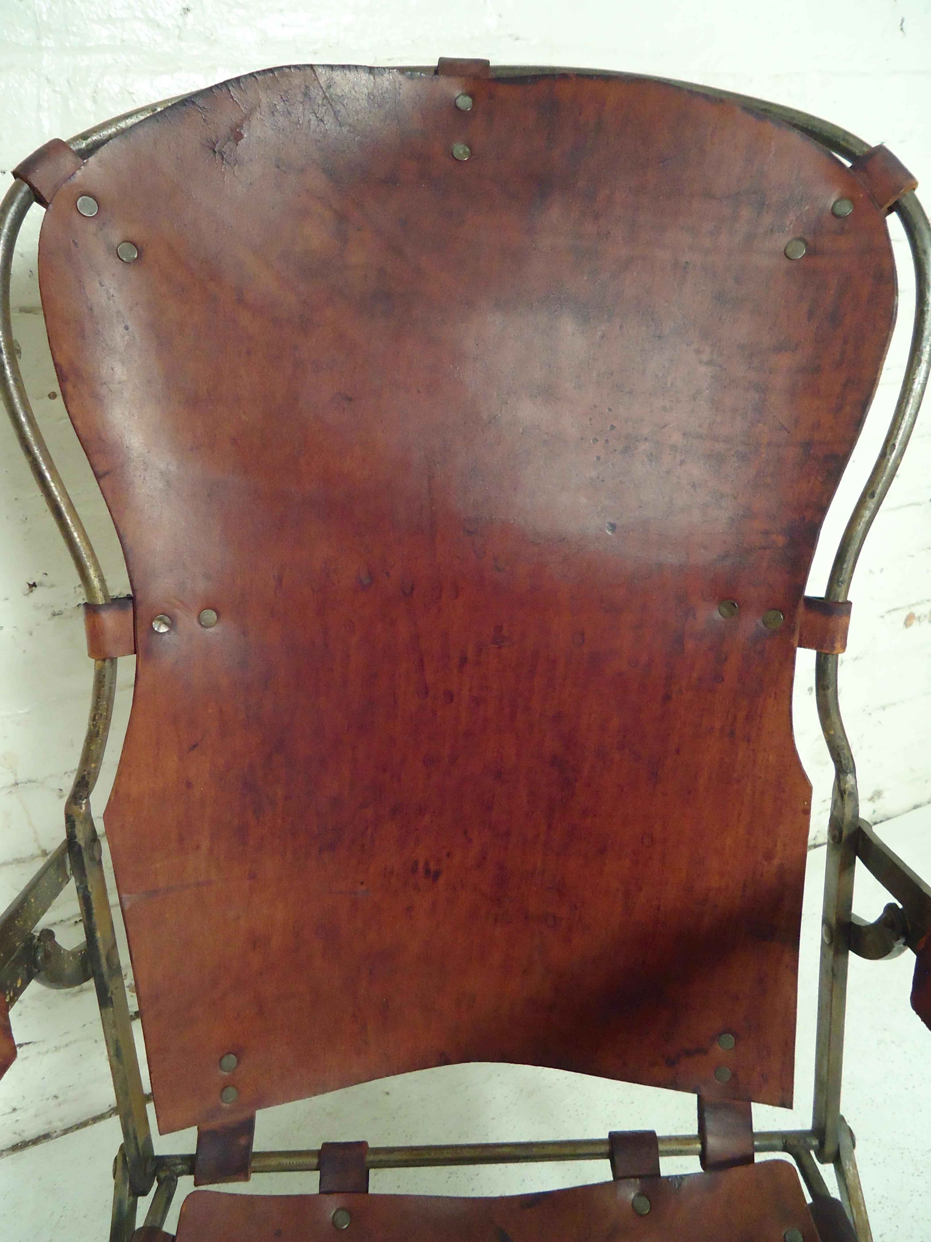 Industrial Metal and Leather Lounge Chair For Sale