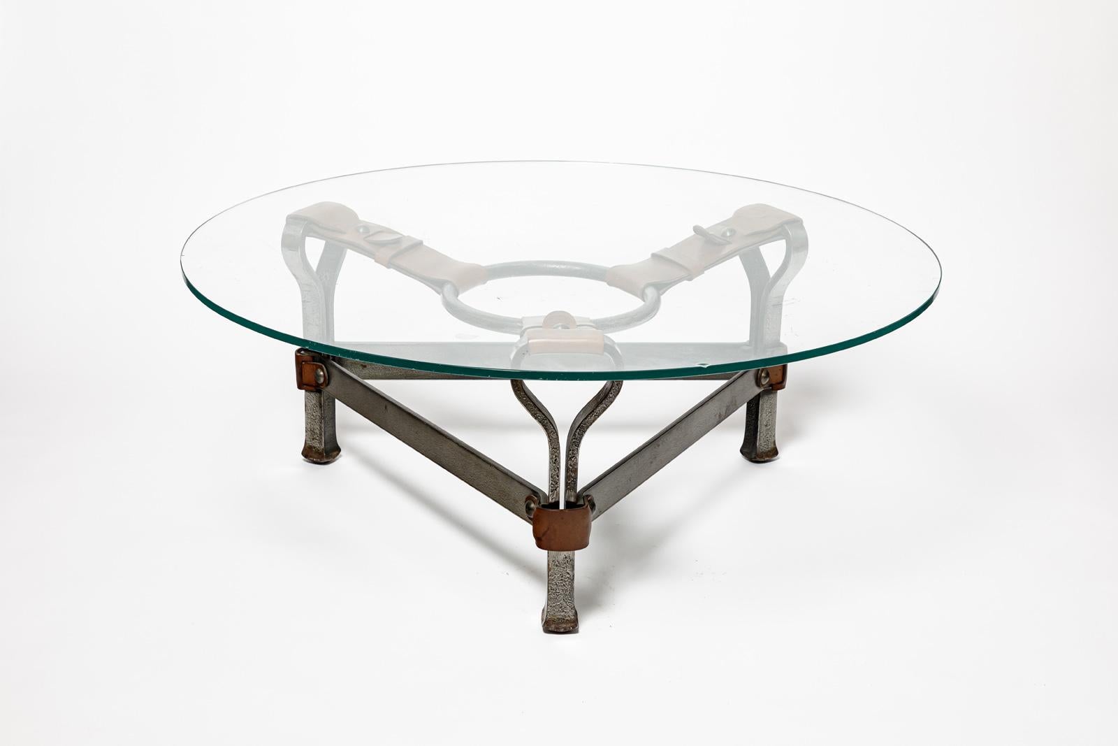20th Century Metal and leather mid-century low sofa table by Jean Pierre Ryckaert 1960 design For Sale