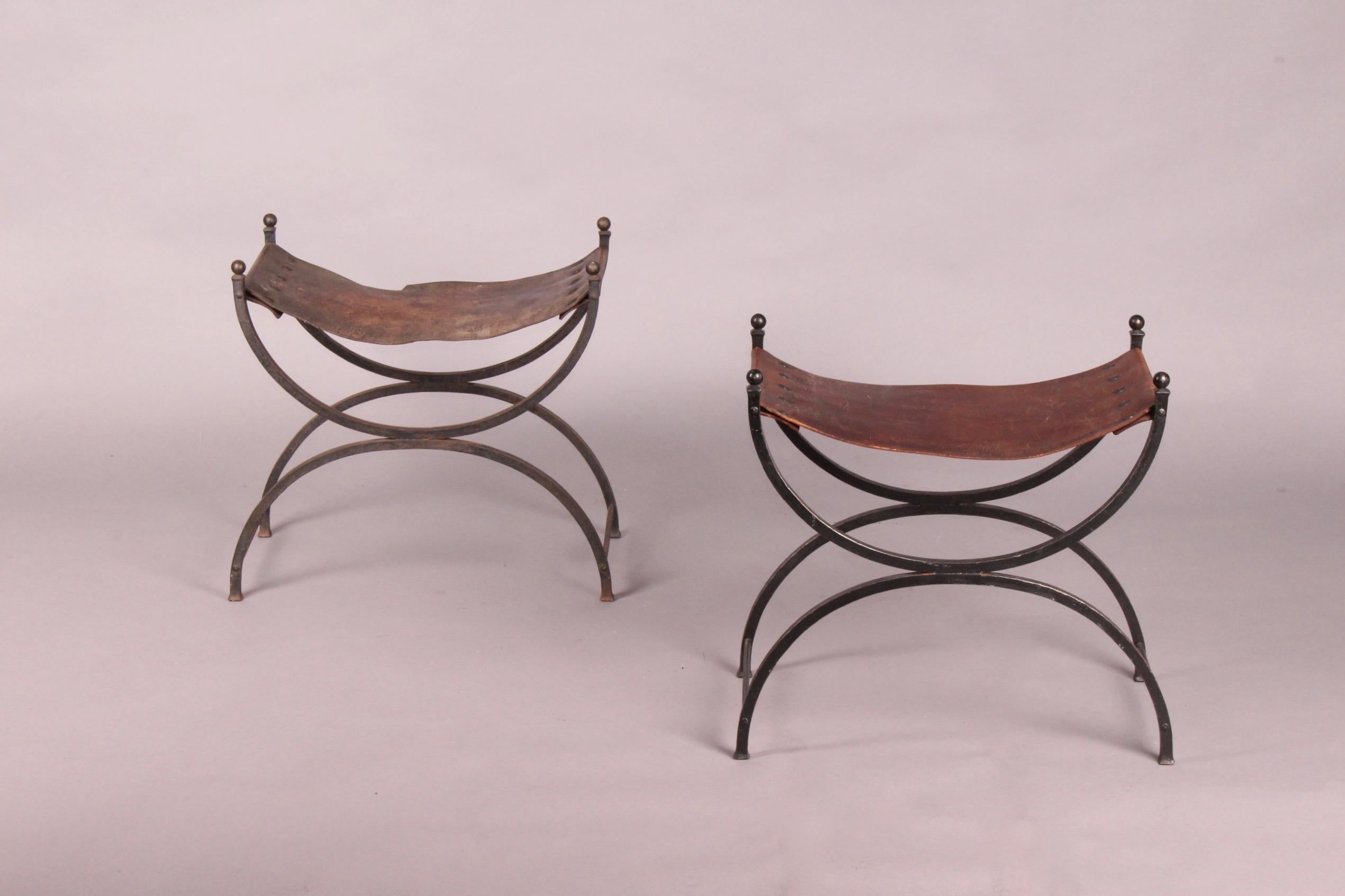 European Metal and Leather Pair of Stools