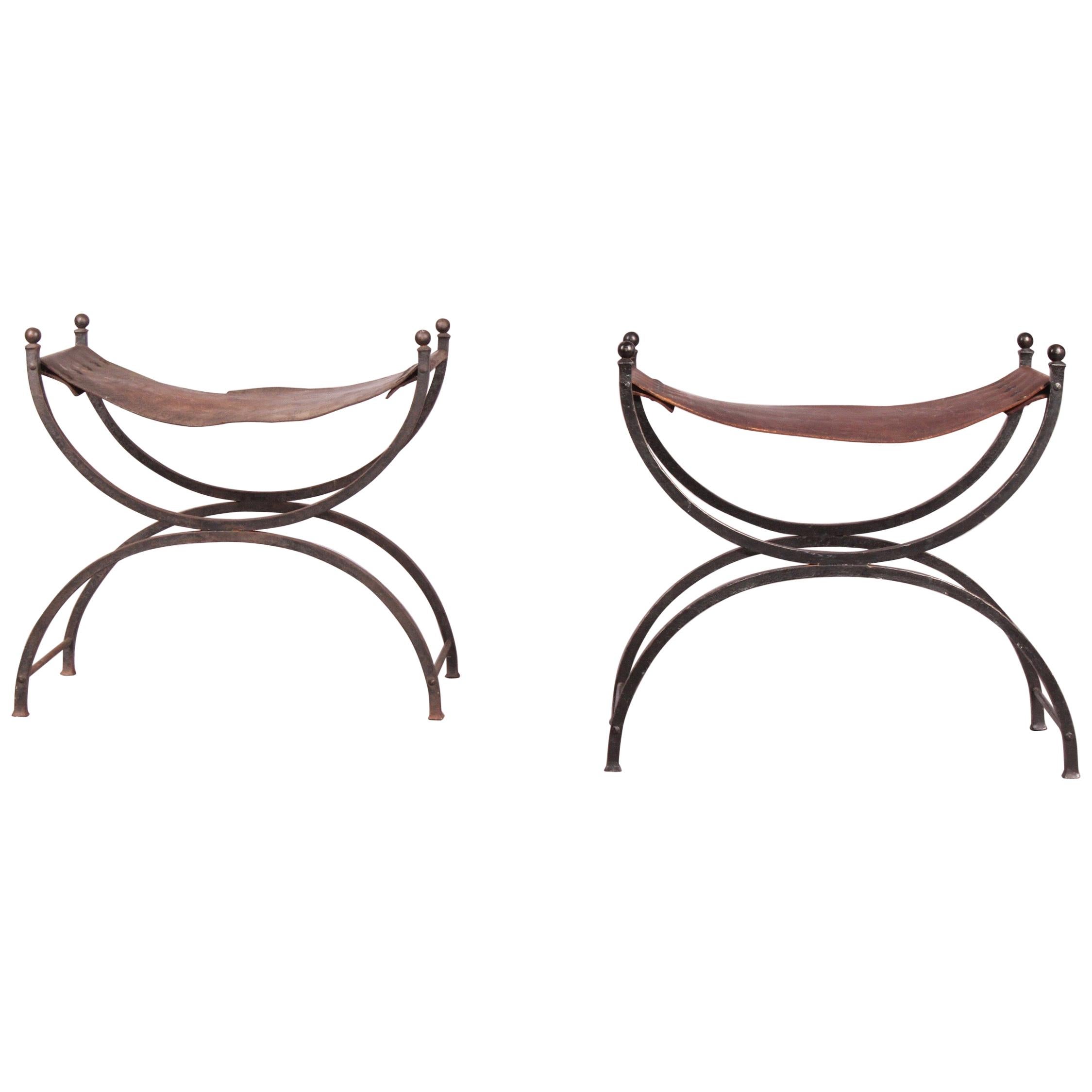 Metal and Leather Pair of Stools