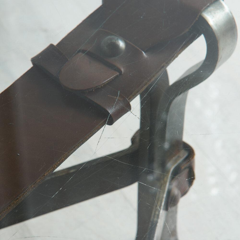 20th Century Leather Strap and Metal Coffee Table with Glass Top