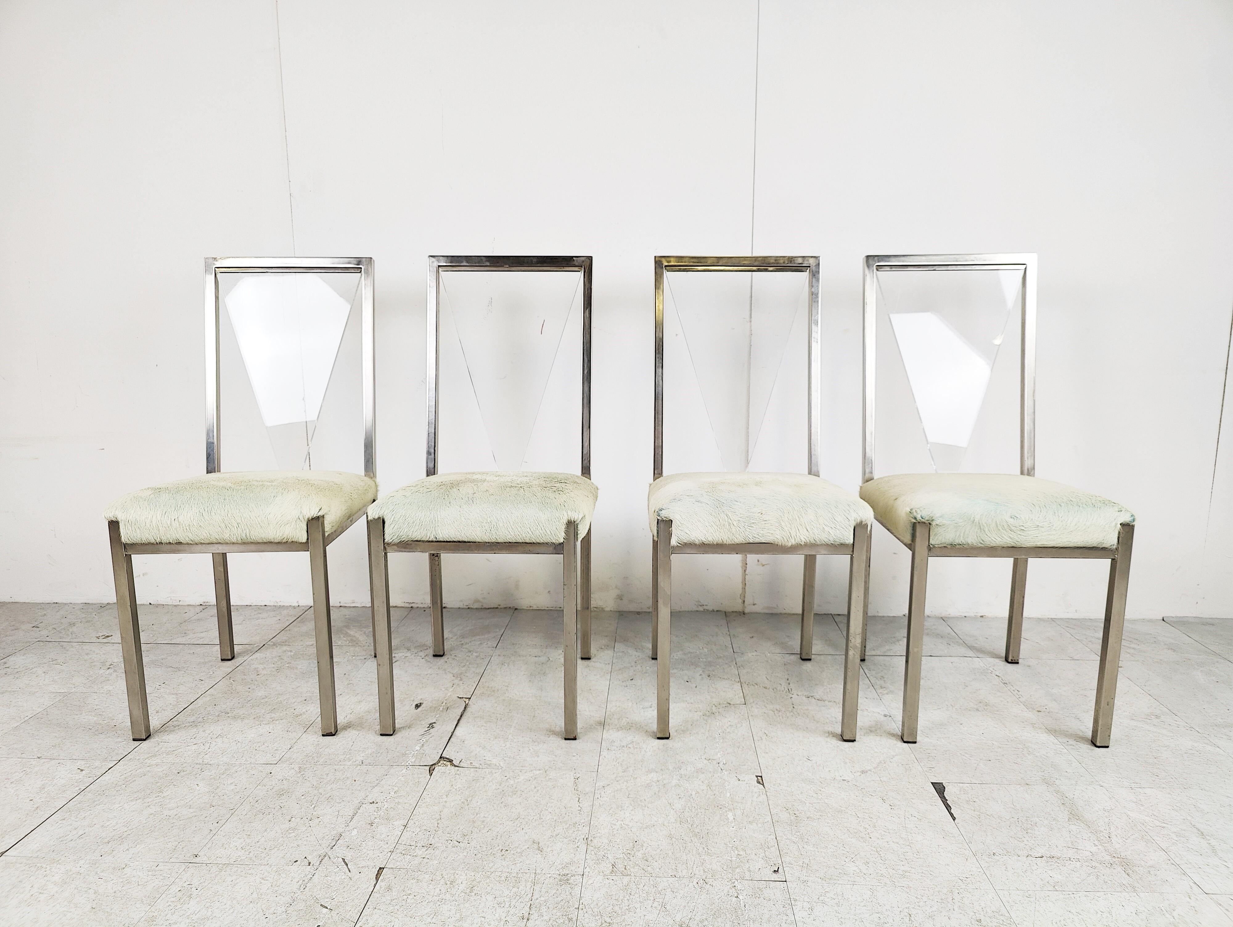 Hollywood Regency Metal and Lucite Dining Chairs by Belgochrom, 1970s, Set of 4 For Sale