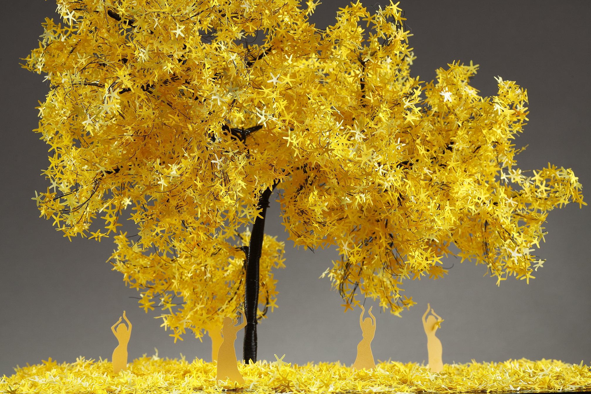Contemporary Metal and paper creation by Lebanese artist Nayla Tabet, Yellow Tree For Sale