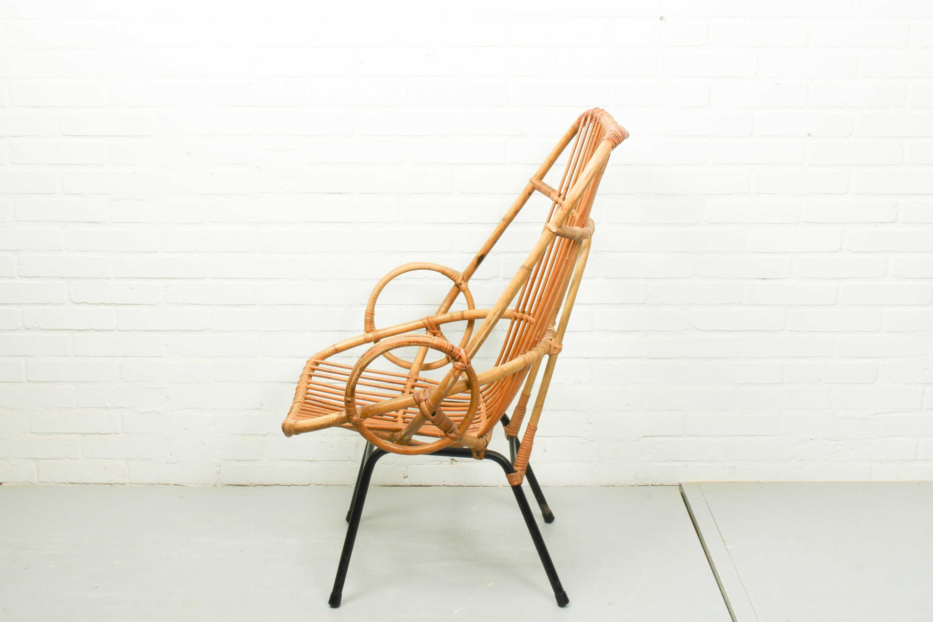 Dutch Metal and Rattan Terrace or Lounge Chair from Rohé Noordwolde, 1960s For Sale