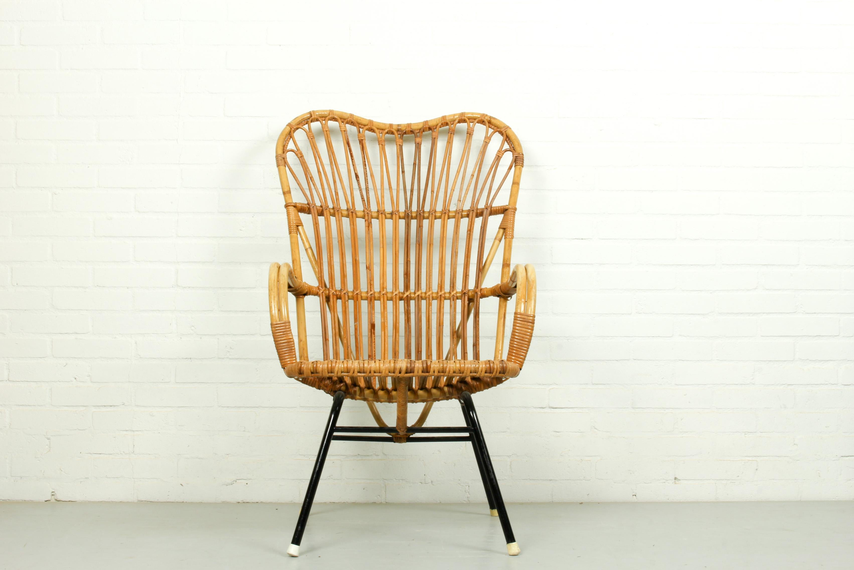 Metal and Rattan Terrace or Lounge Chair from Rohé Noordwolde, 1960s In Good Condition In Appeltern, Gelderland