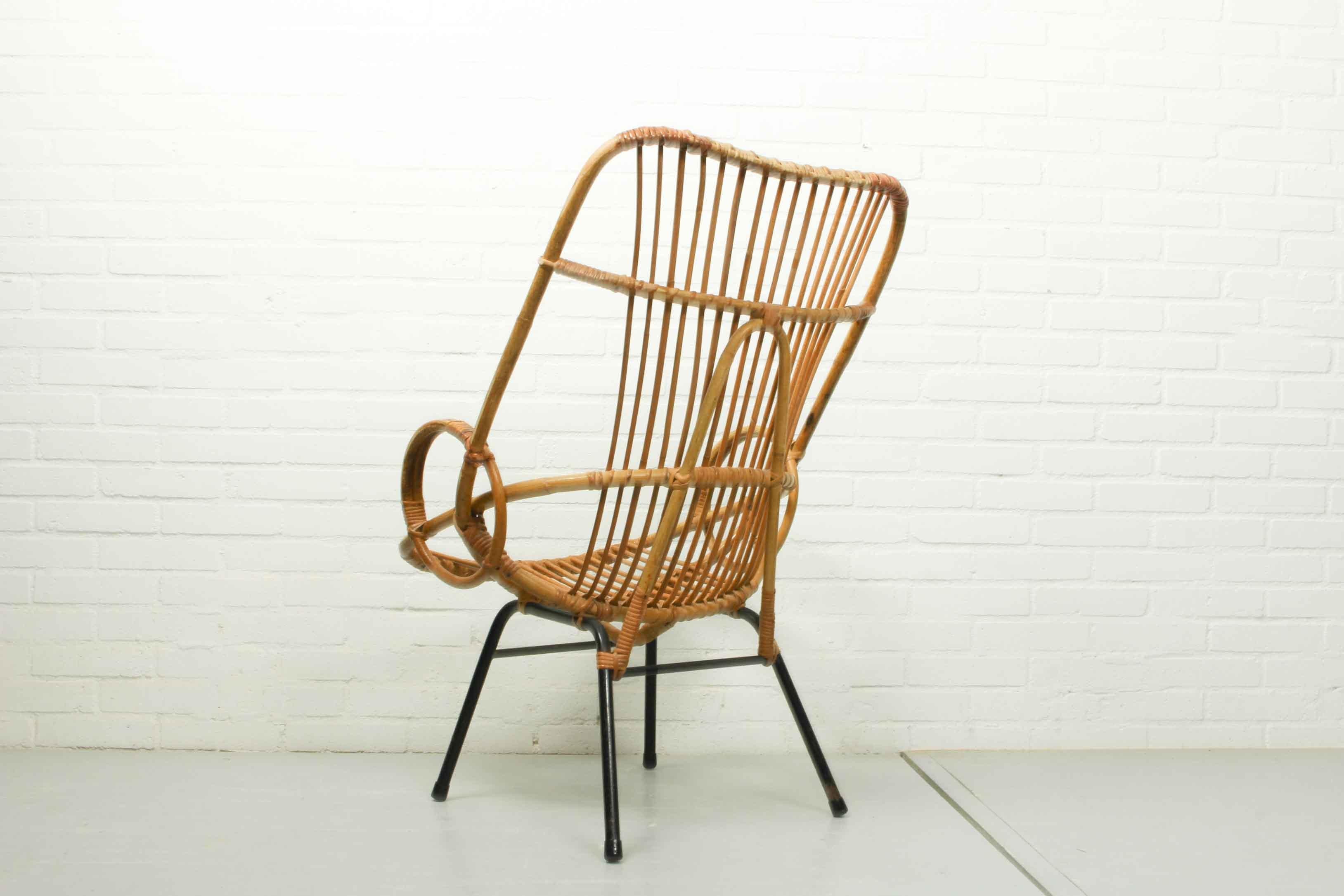 Metal and Rattan Terrace or Lounge Chair from Rohé Noordwolde, 1960s In Good Condition For Sale In Appeltern, Gelderland