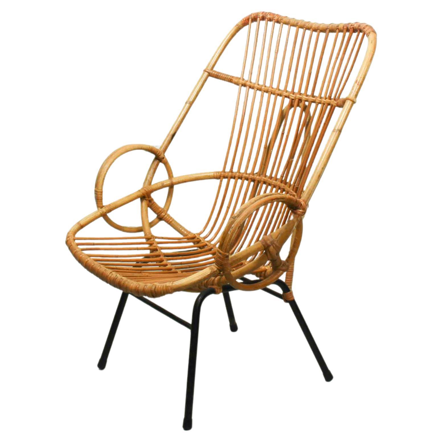 Metal and Rattan Terrace or Lounge Chair from Rohé Noordwolde, 1960s