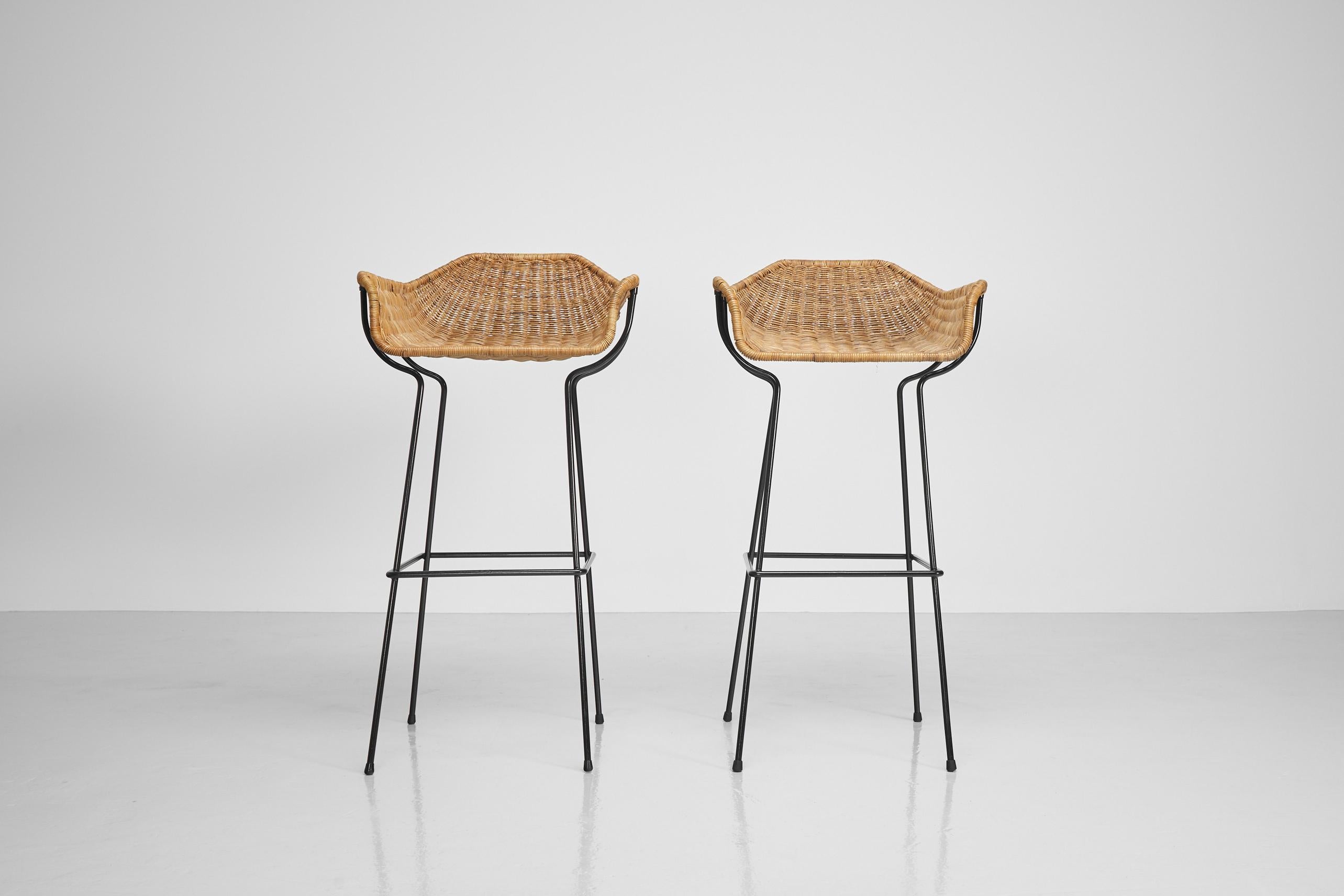 Mid-Century Modern Metal and Wicker Bucket Stools Austria 1950 For Sale