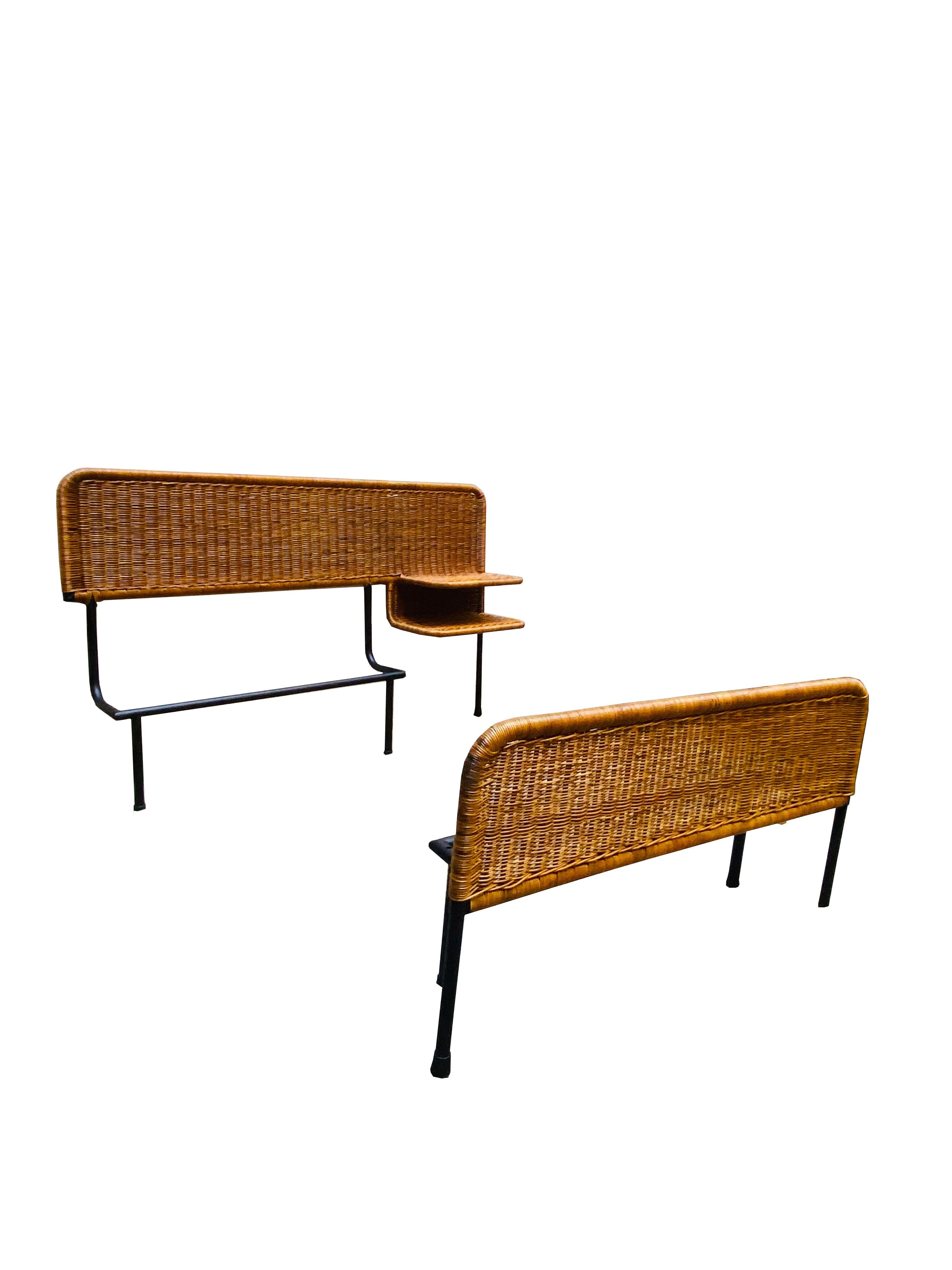 Mid-Century Modern Metal and Wicker Single Bed with Integrated Shelves, Italy 1960s
