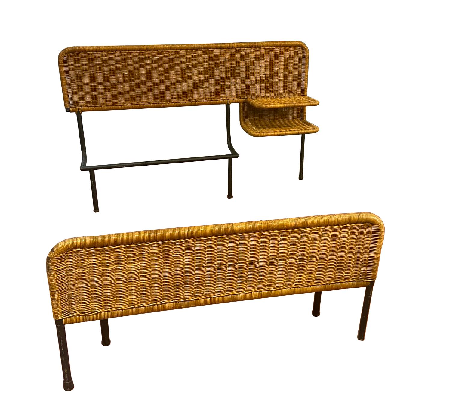 Italian Metal and Wicker Single Bed with Integrated Shelves, Italy 1960s