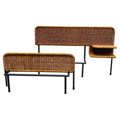 Metal and Wicker Single Bed with Integrated Shelves, Italy 1960s