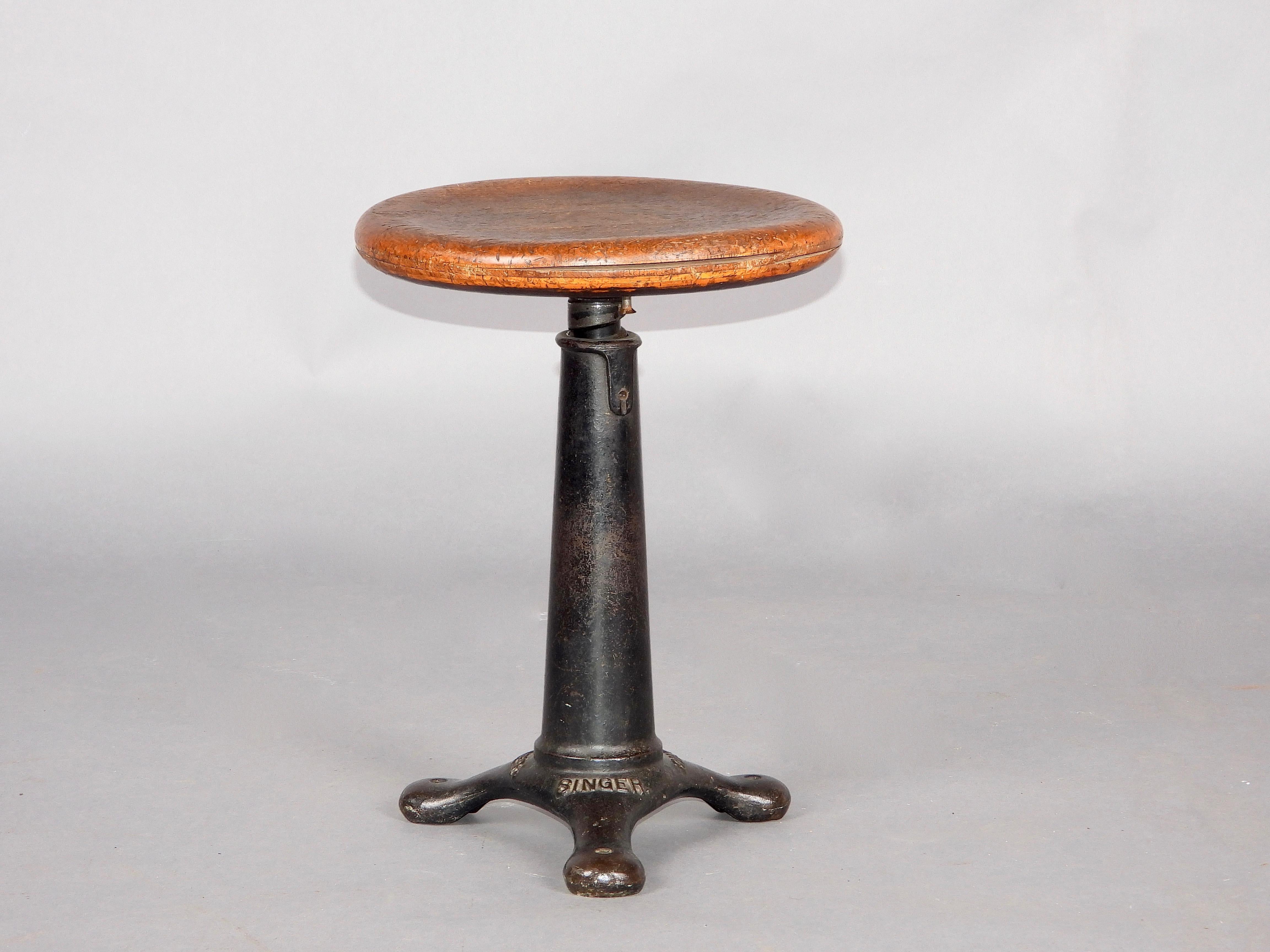Swiss Metal and wood industrial singer stool For Sale