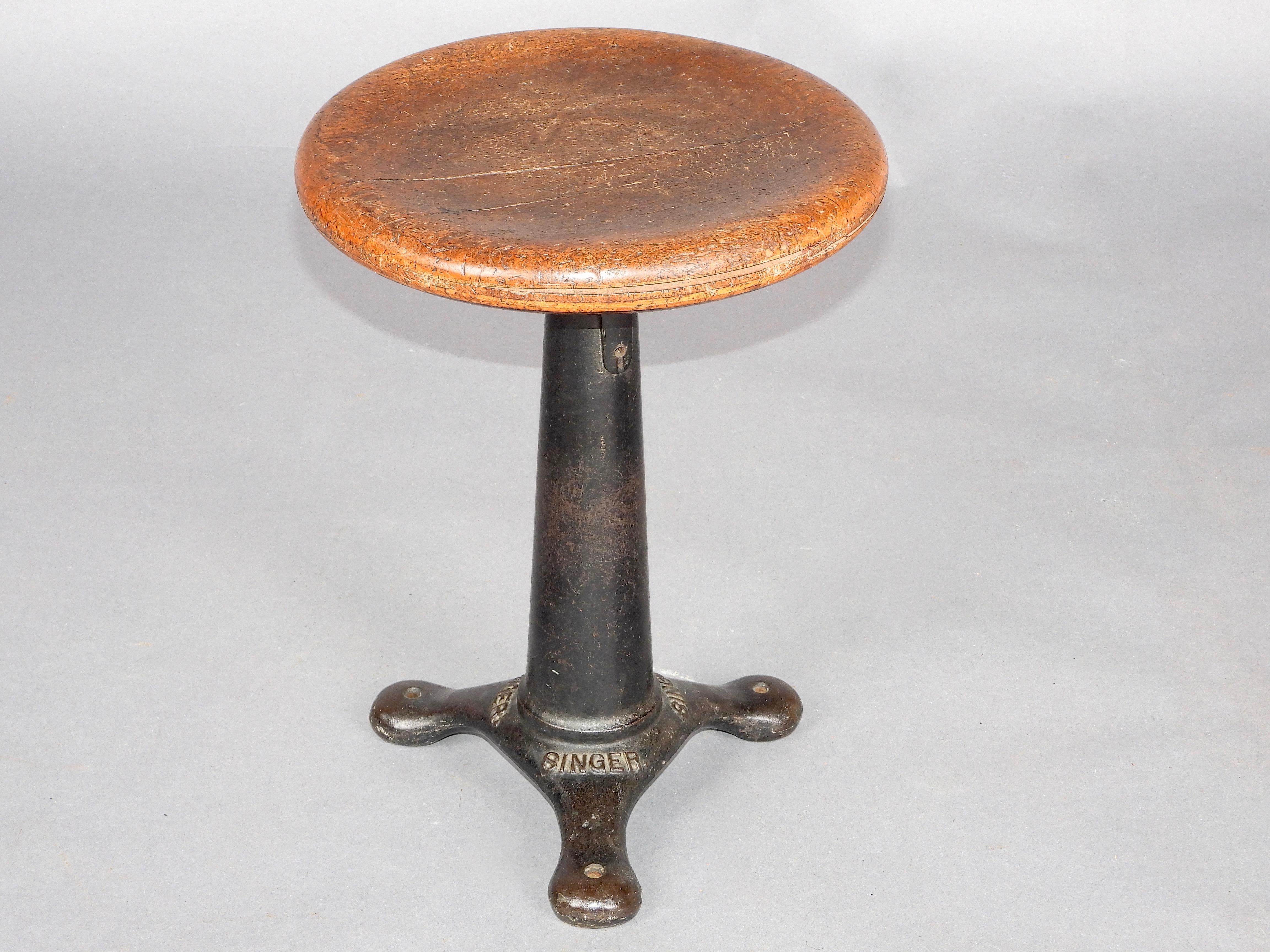 20th Century Metal and wood industrial singer stool For Sale