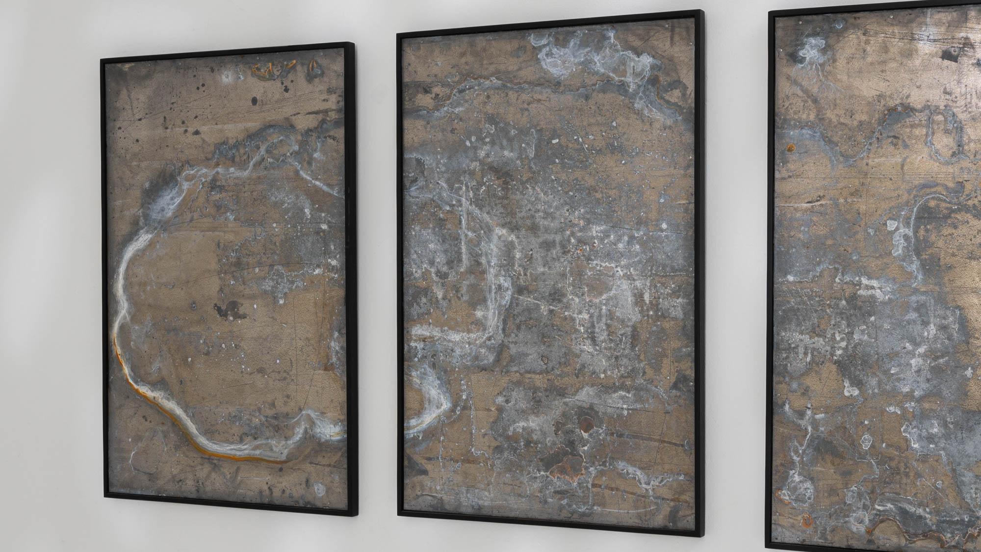 Triptychon-Wandkunst aus Metall und Holz im Angebot 1