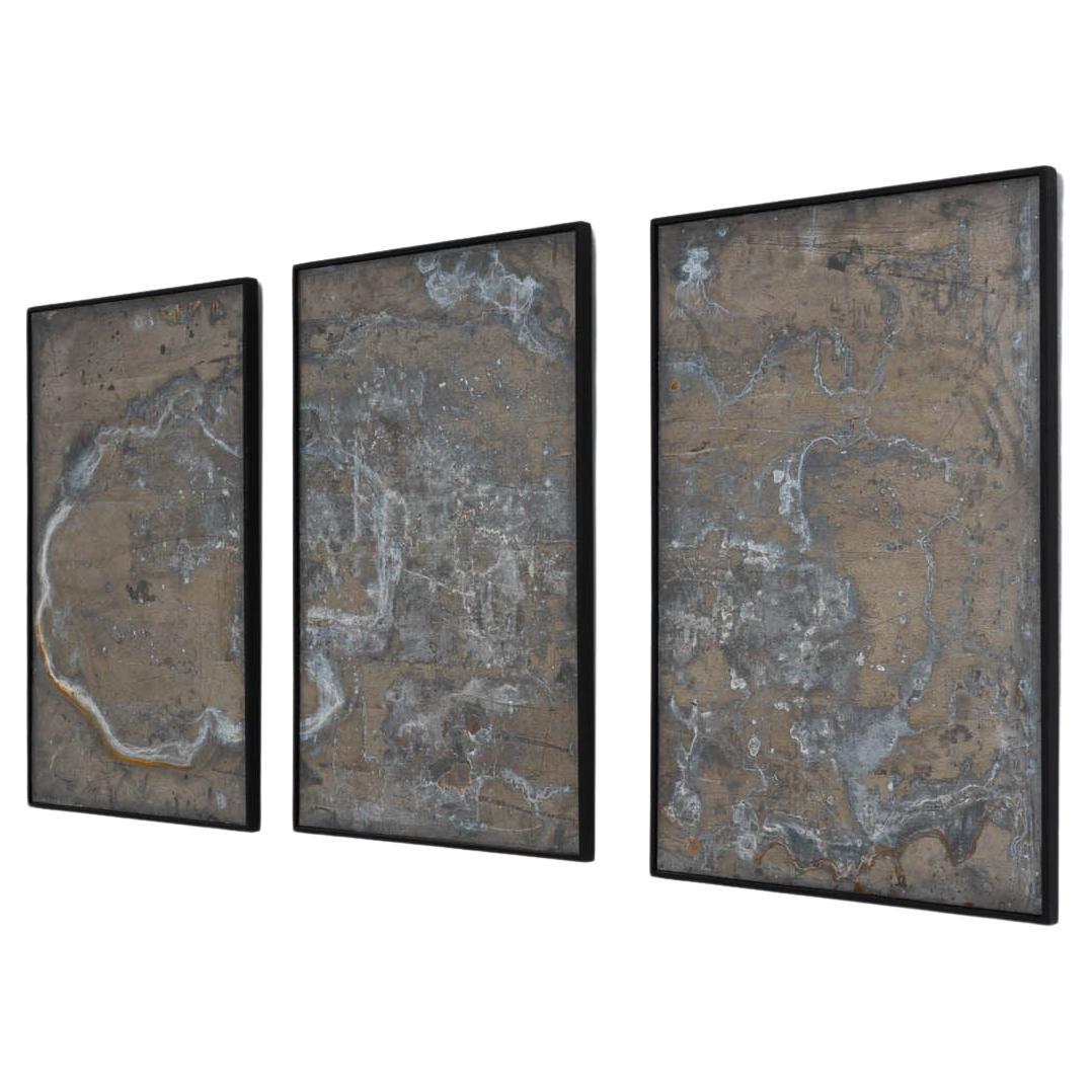 Triptychon-Wandkunst aus Metall und Holz im Angebot