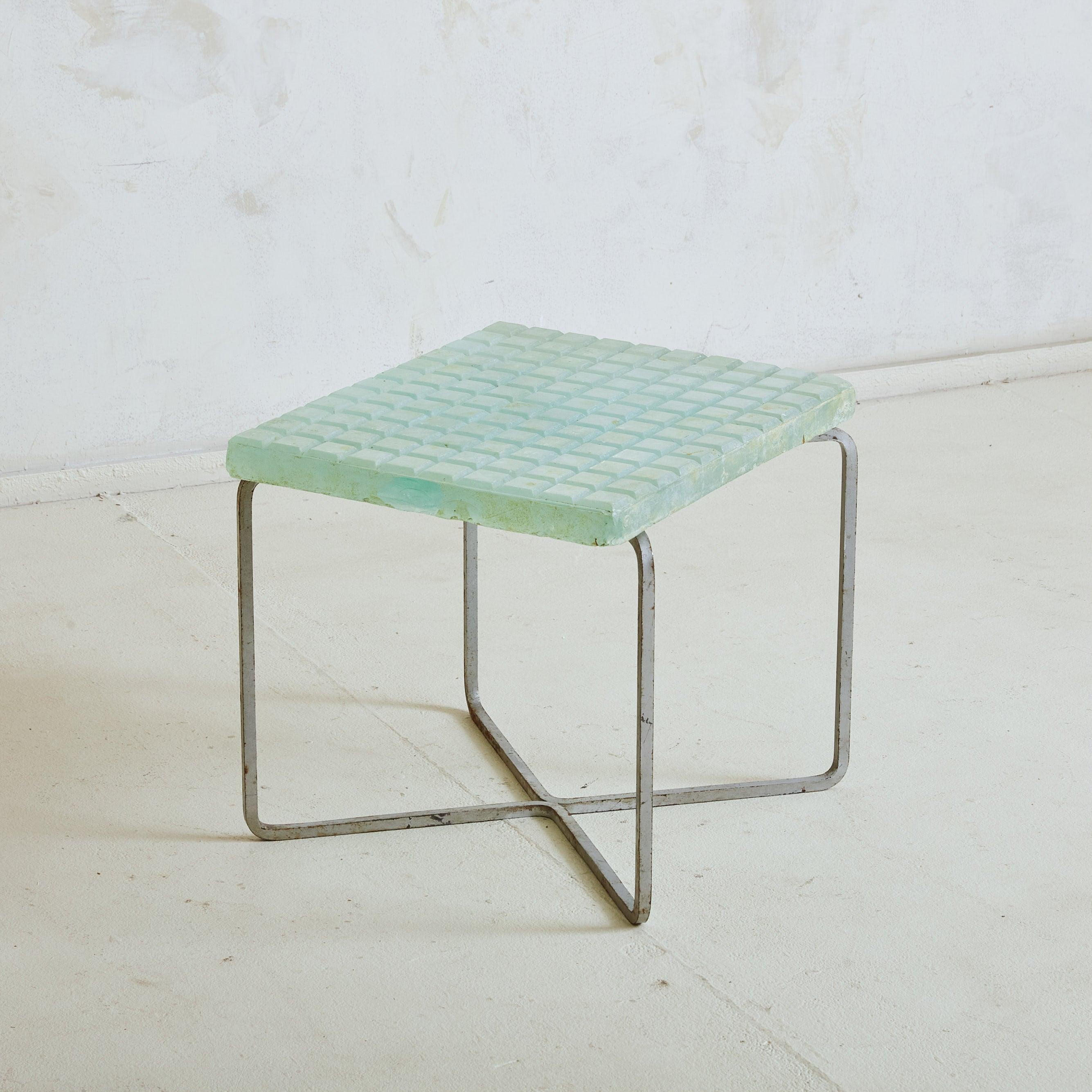 Modern Metal + Aqua Glass Top Rectangular Side Table, France 1960s For Sale