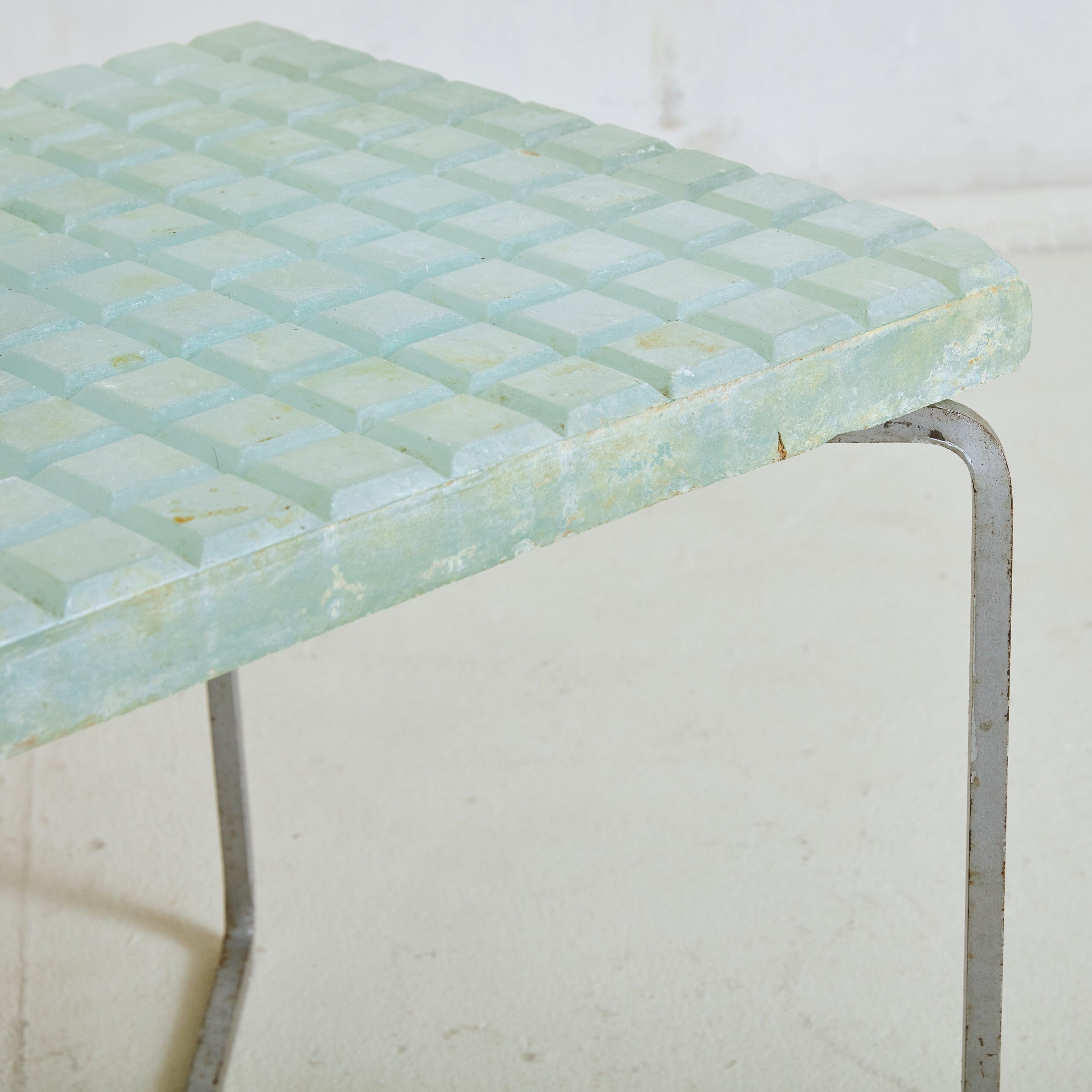 French Metal + Aqua Glass Top Rectangular Side Table, France 1960s For Sale