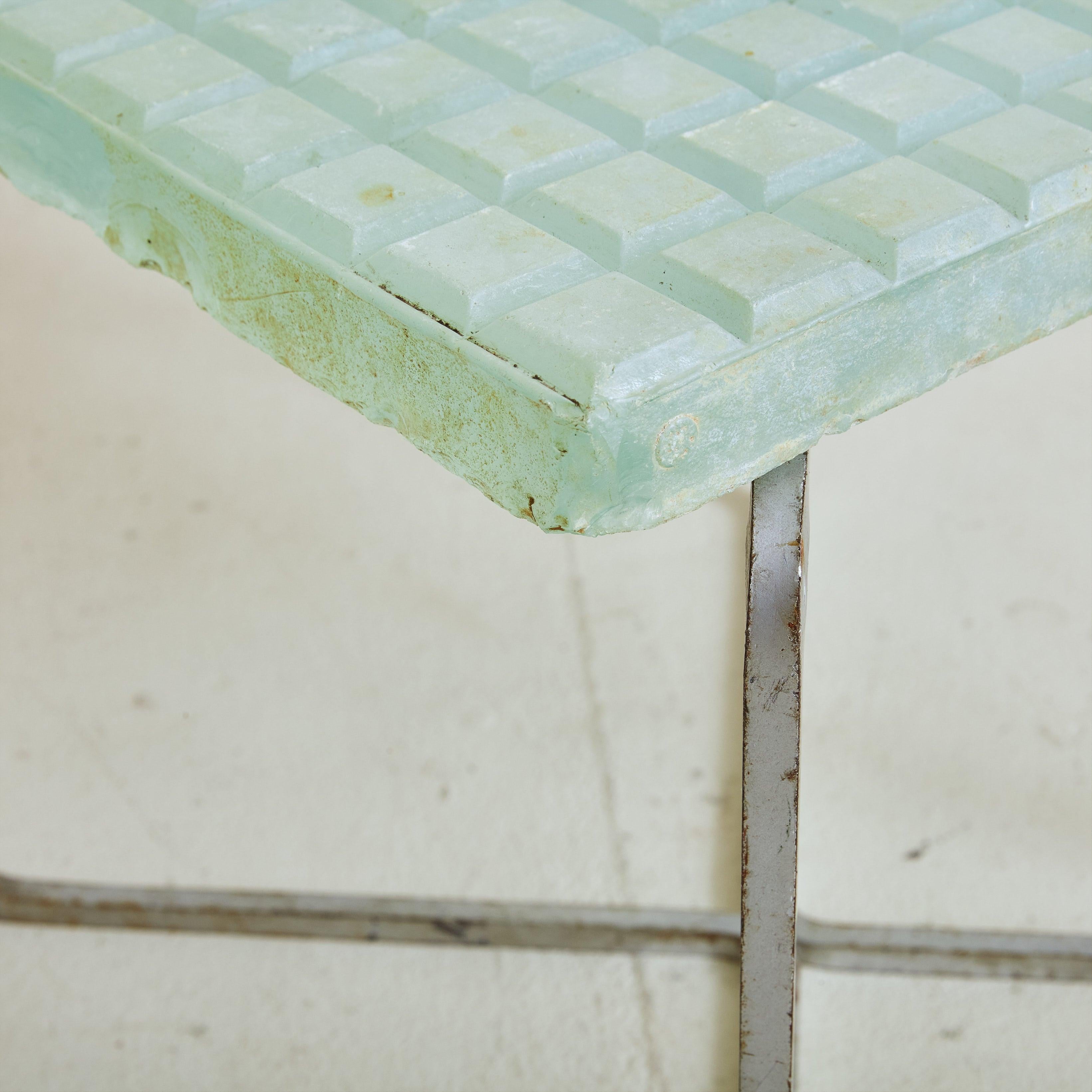 Metal + Aqua Glass Top Rectangular Side Table, France 1960s In Good Condition For Sale In Chicago, IL