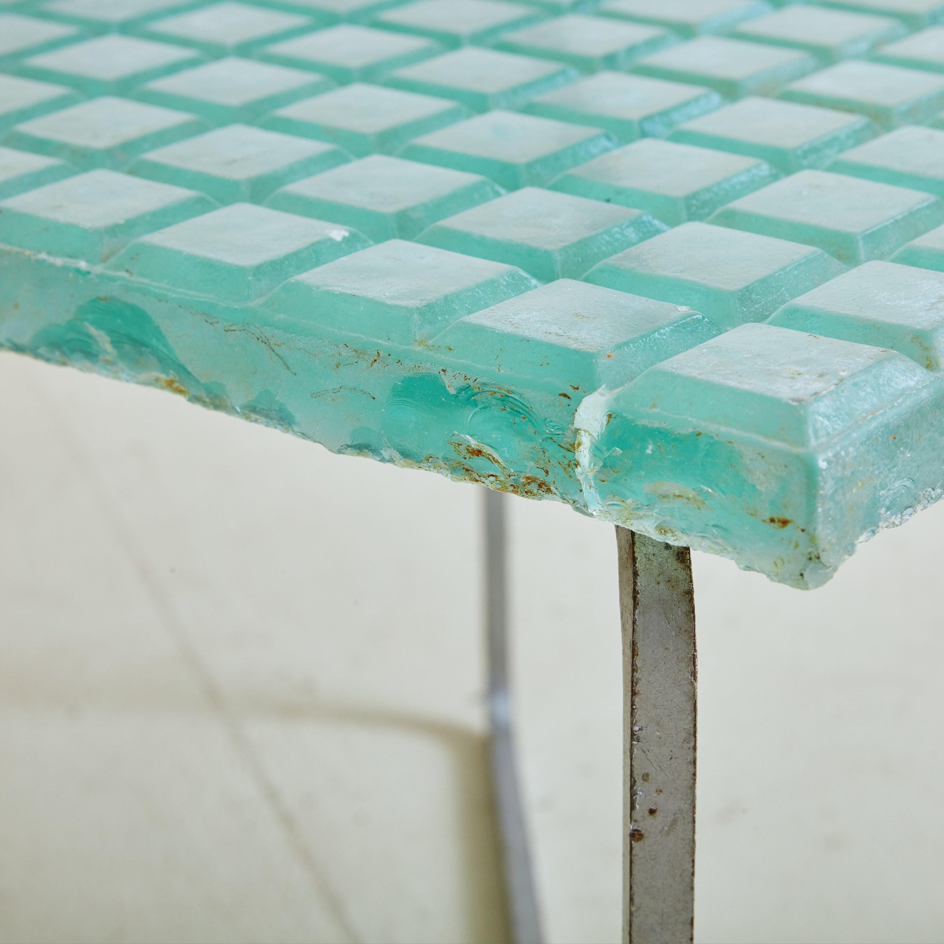Metal + Aqua Glass Top Square Side Table, France 1960s For Sale 4