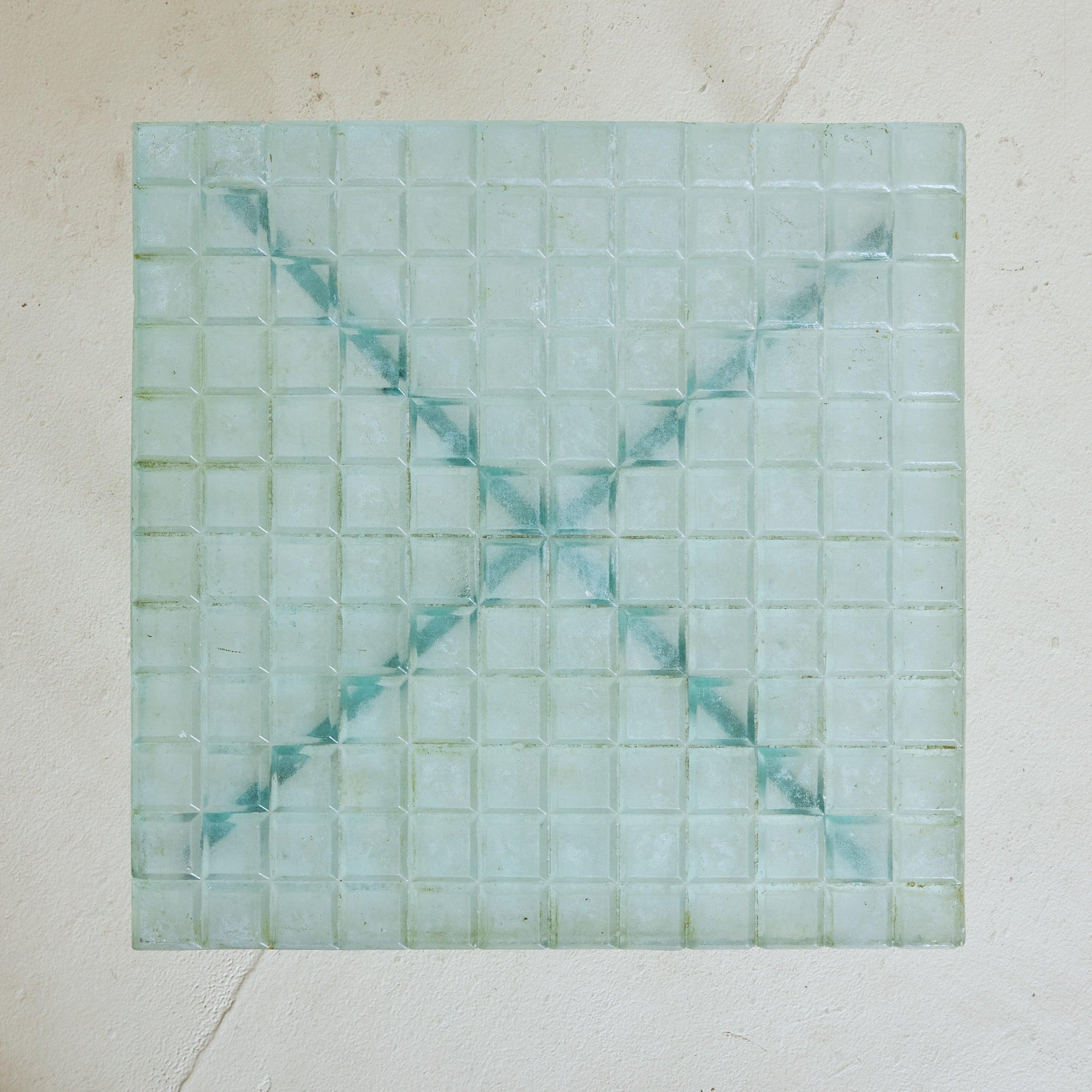 Modern Metal + Aqua Glass Top Square Side Table, France 1960s For Sale
