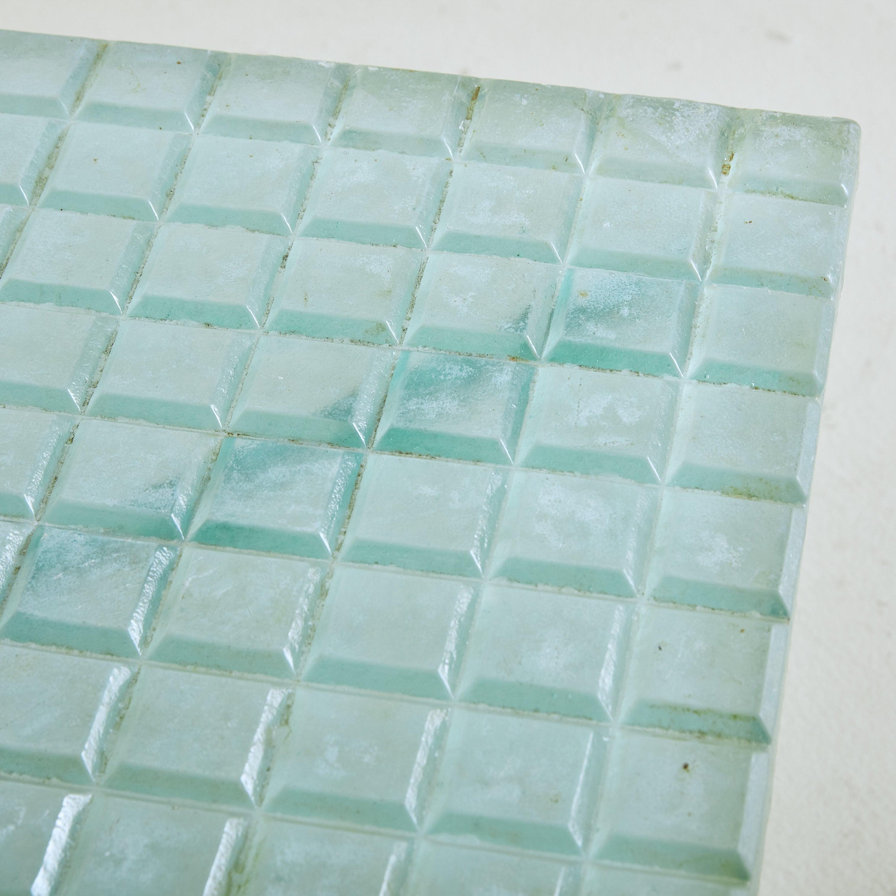 French Metal + Aqua Glass Top Square Side Table, France 1960s For Sale