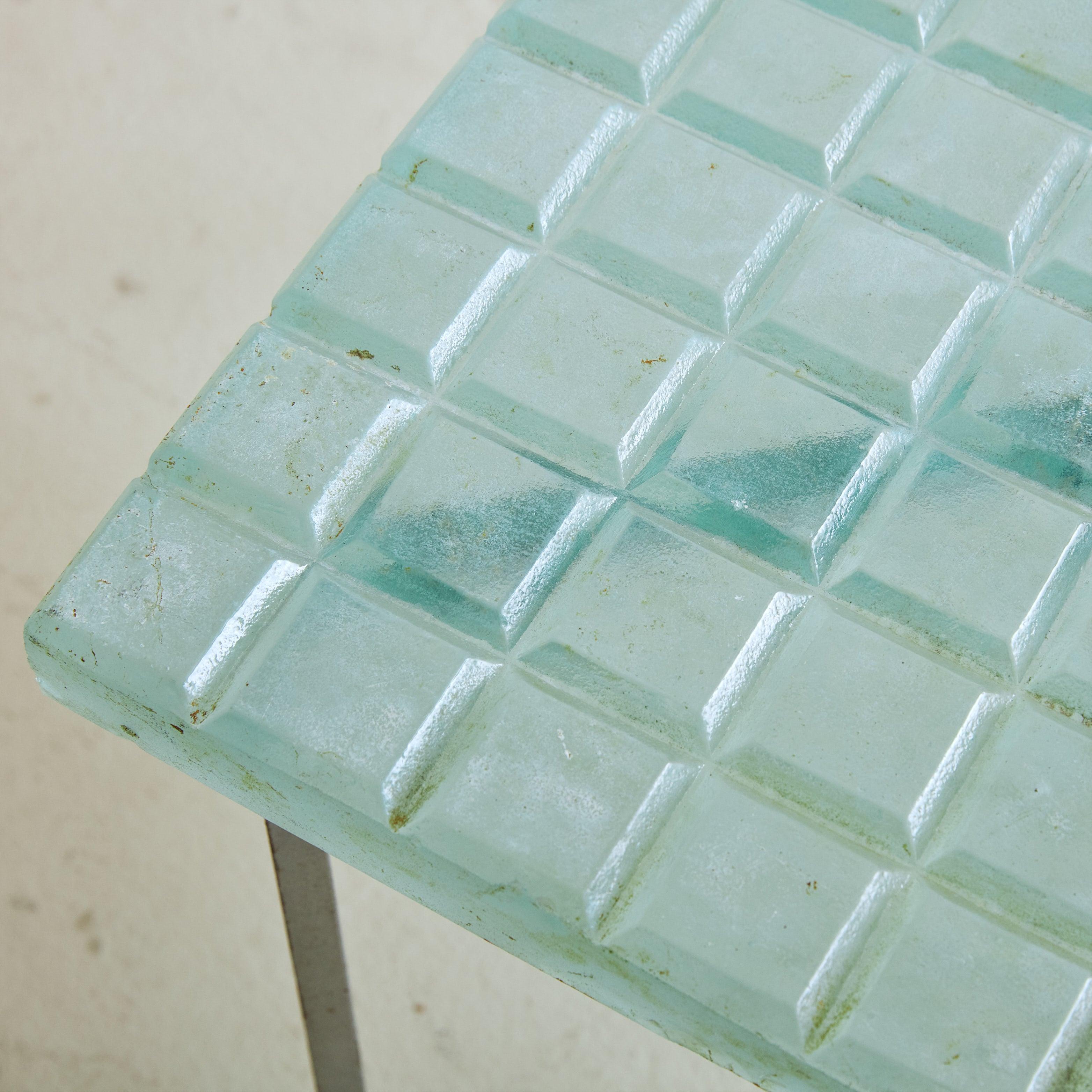 Mid-20th Century Metal + Aqua Glass Top Square Side Table, France 1960s For Sale