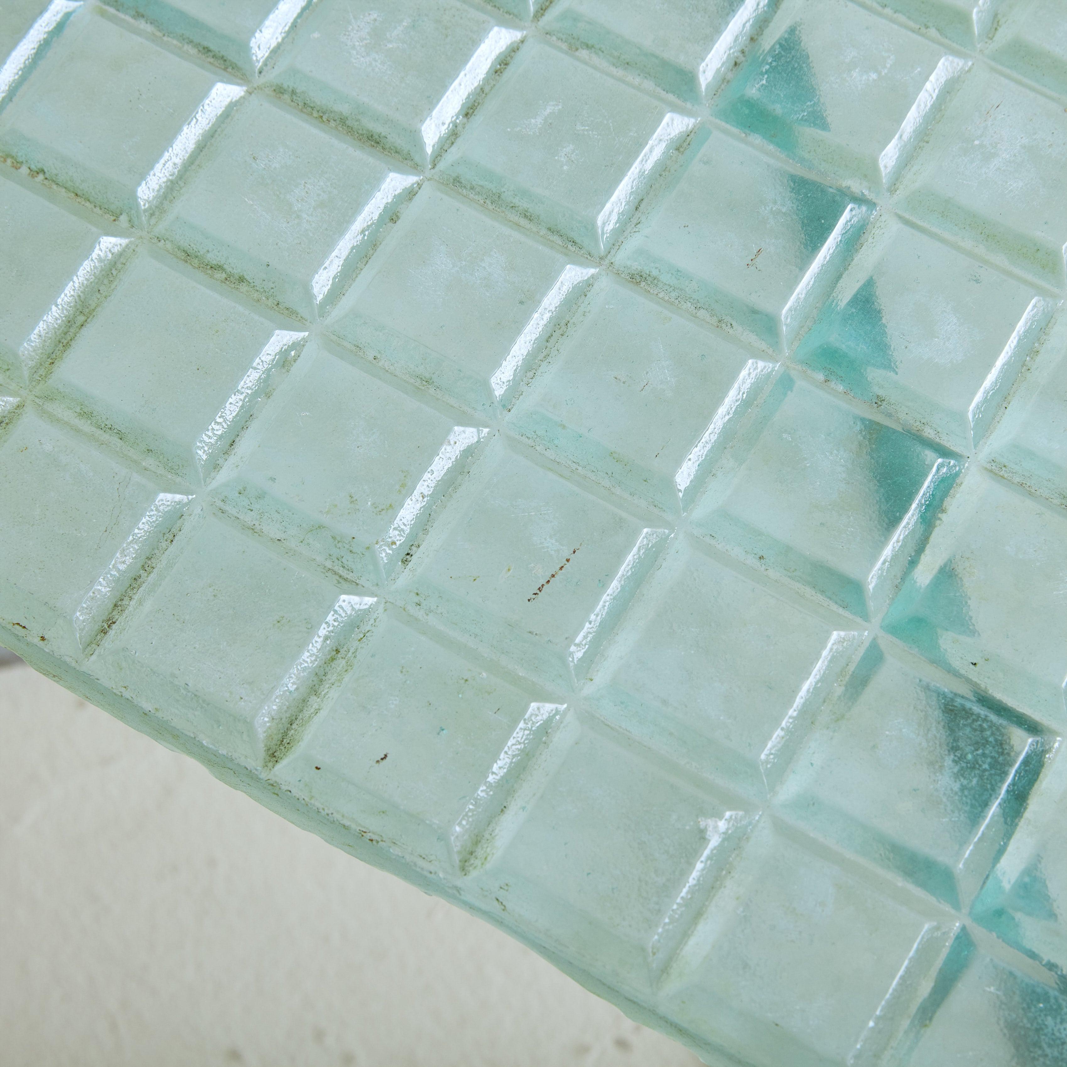 Metal + Aqua Glass Top Square Side Table, France 1960s For Sale 1