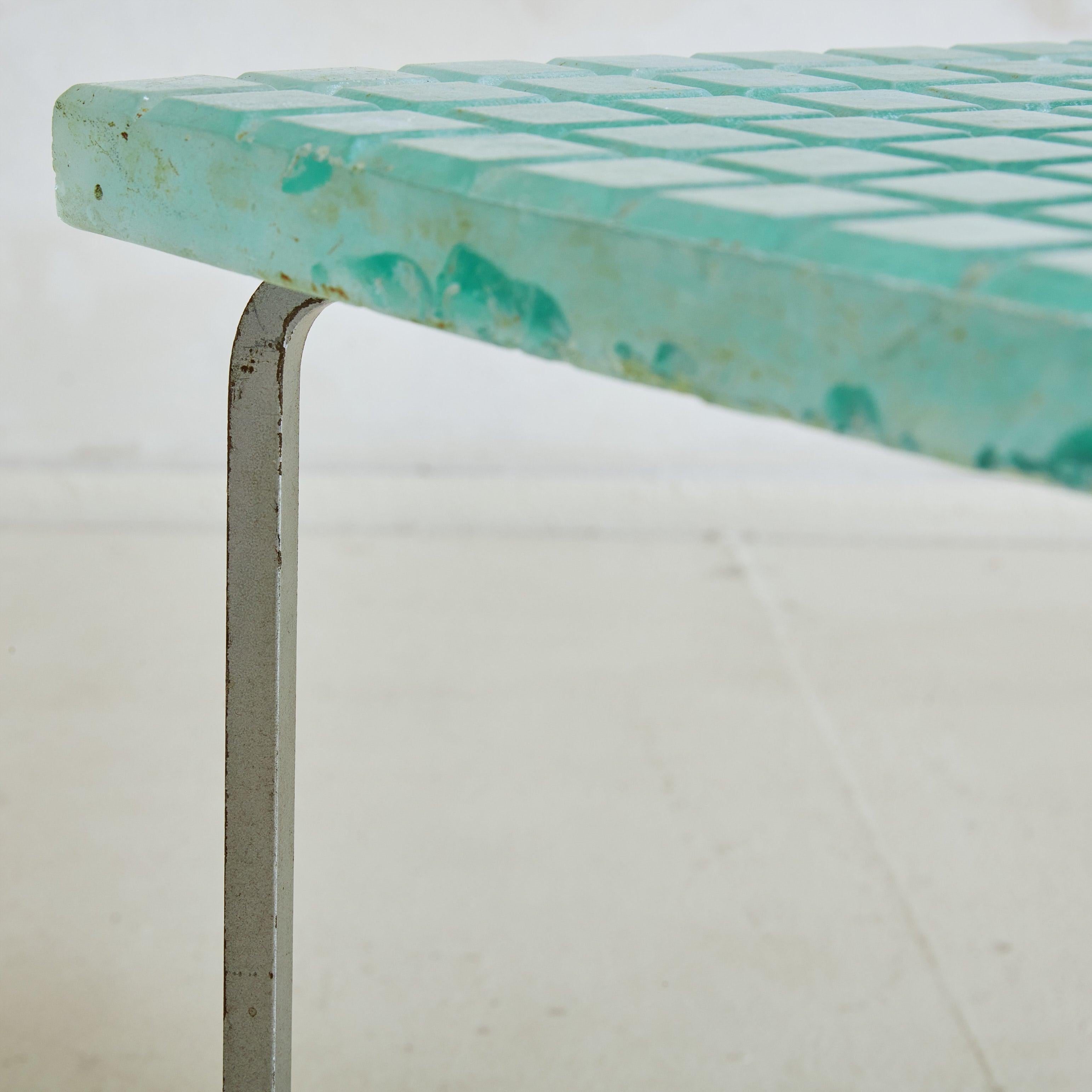 Metal + Aqua Glass Top Square Side Table, France 1960s For Sale 2