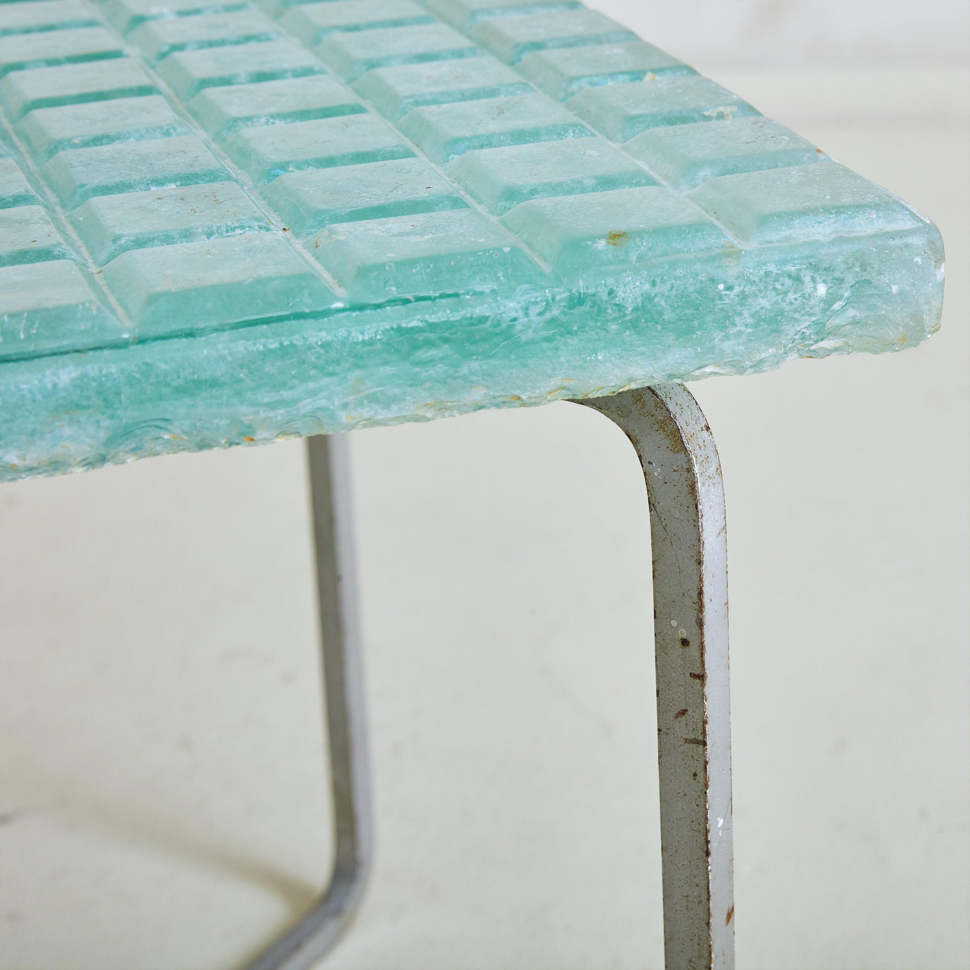 Metal + Aqua Glass Top Square Side Table, France 1960s For Sale 3