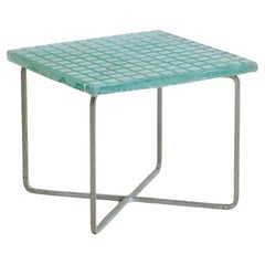 Metal + Aqua Glass Top Square Side Table, France 1960s