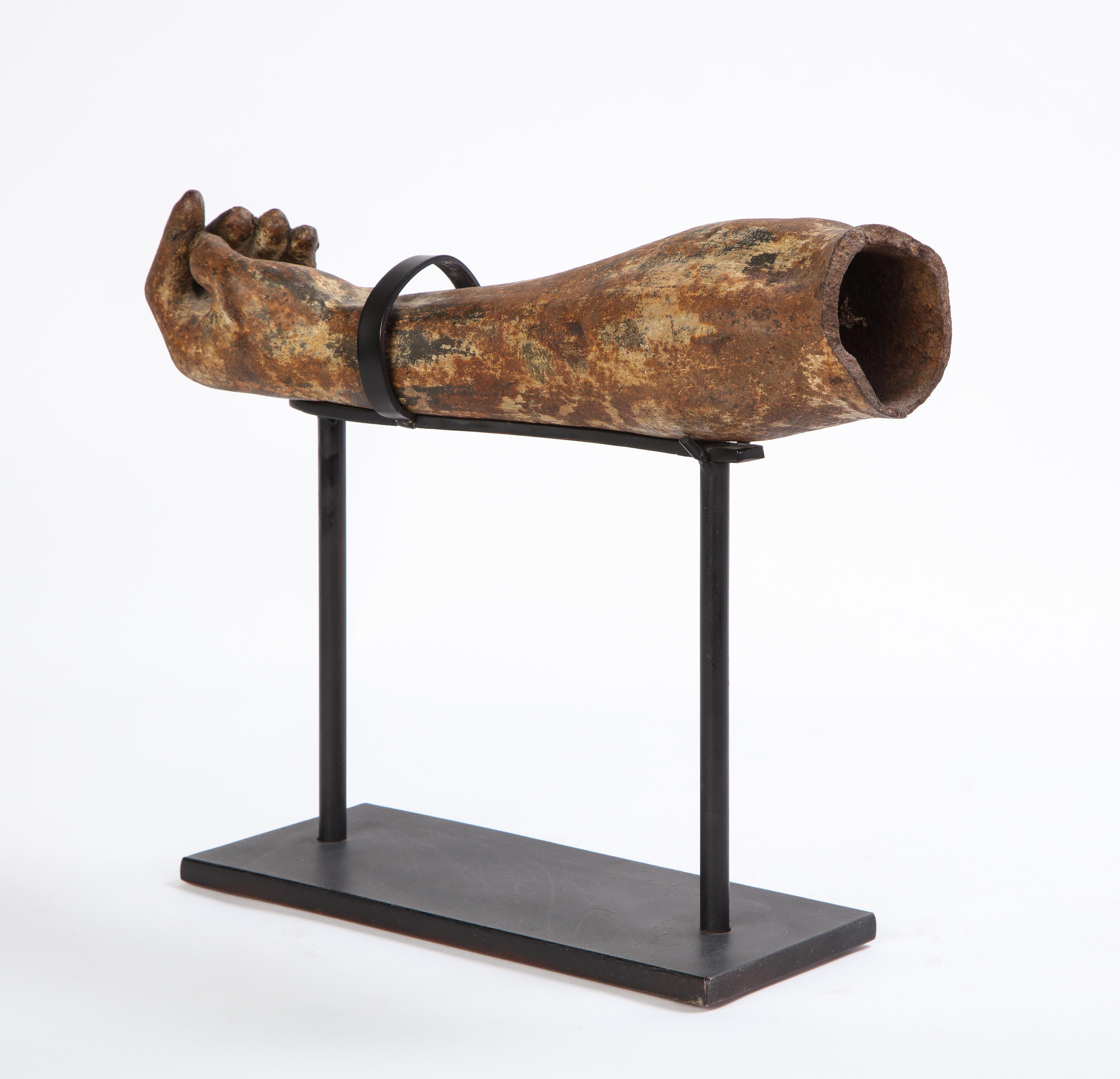 Patinated Metal Arm Fragment on Metal Stand, 20th Century
