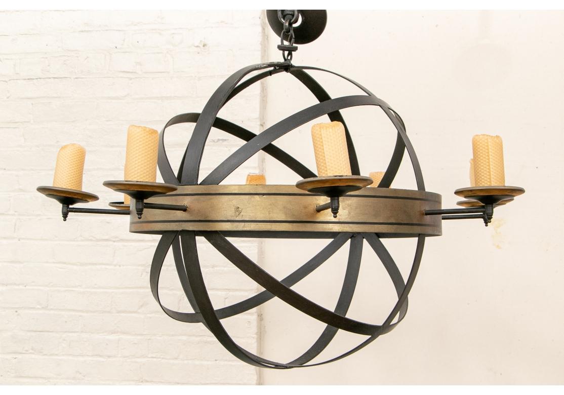 Hollywood Regency Lustre en métal de forme Armillary Light avec 8 Candle Lights en vente