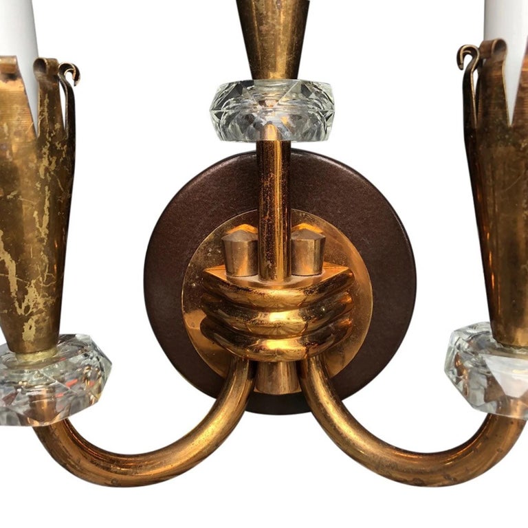 Metal Art Deco Three Arm Torch Wall Sconces w/ Crystal Accents 'Pair