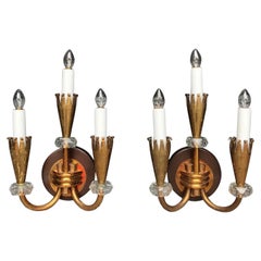 Metal Art Deco Three Arm Torch Wall Sconces w/ Crystal Accents 'Pair'