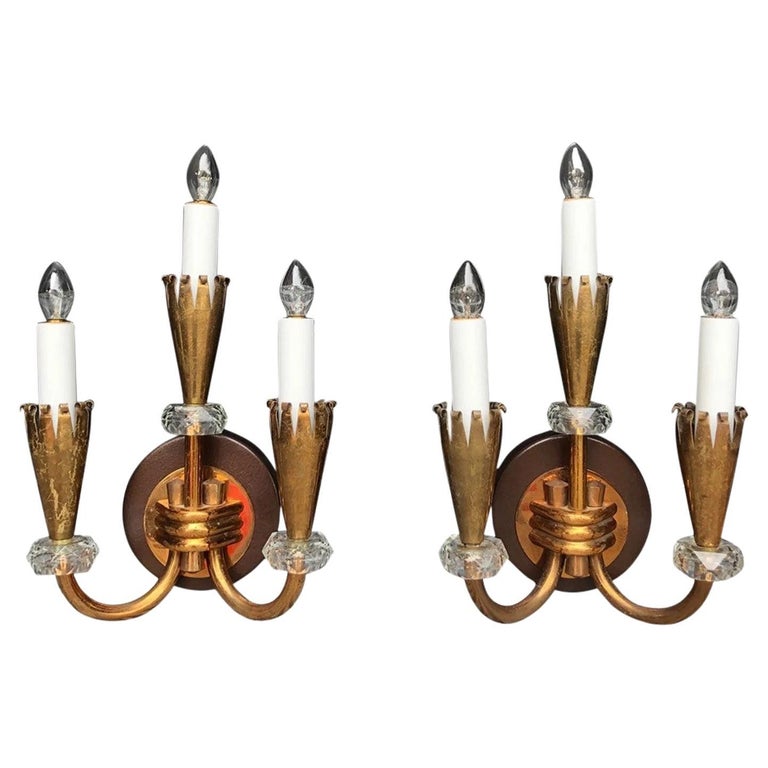 Metal Art Deco Three Arm Torch Wall Sconces w/ Crystal Accents 'Pair