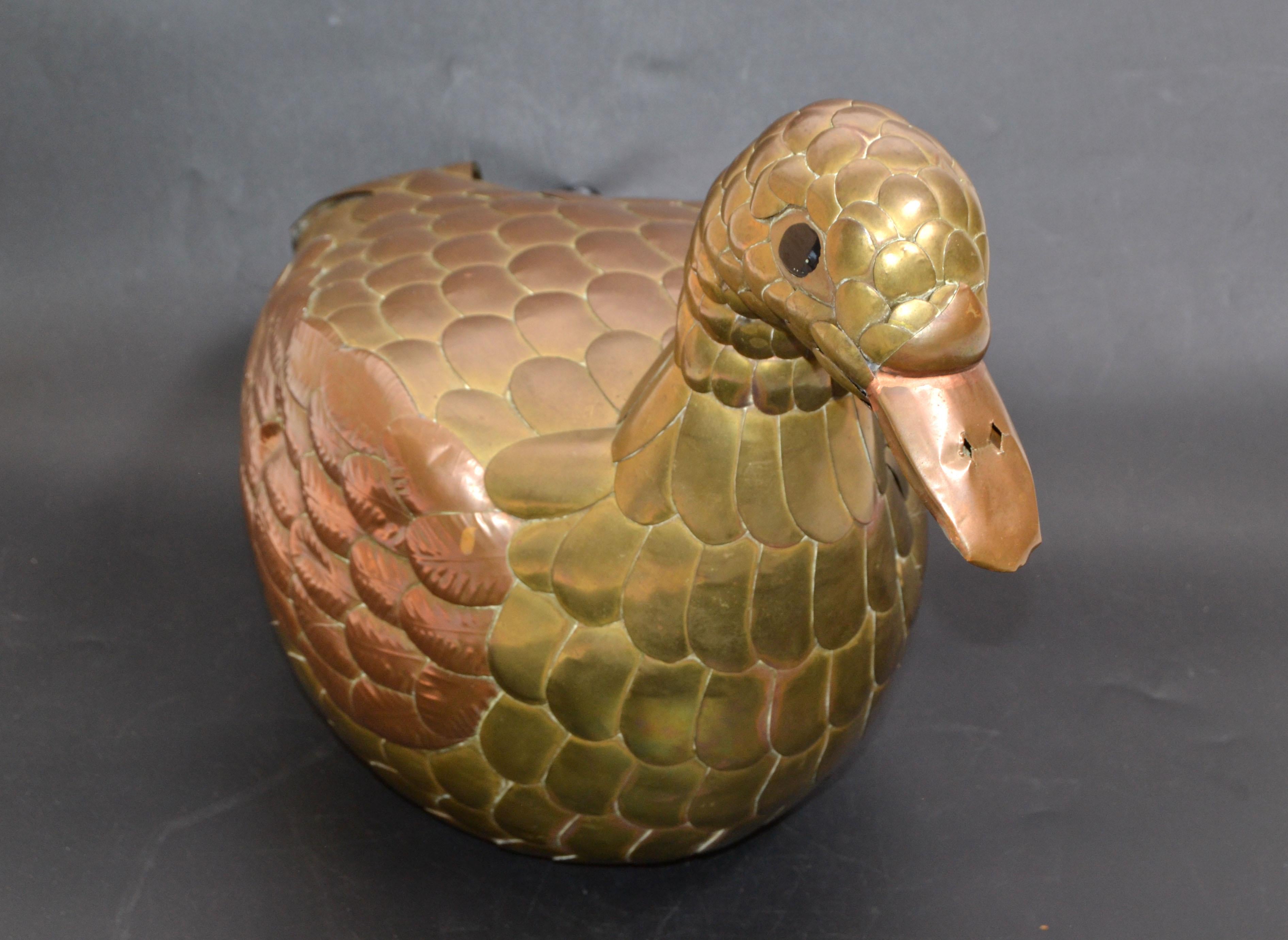 Mexican Metal Art Sergio Bustamante Handcrafted Duck Brutalist Era Mexico 1965 For Sale