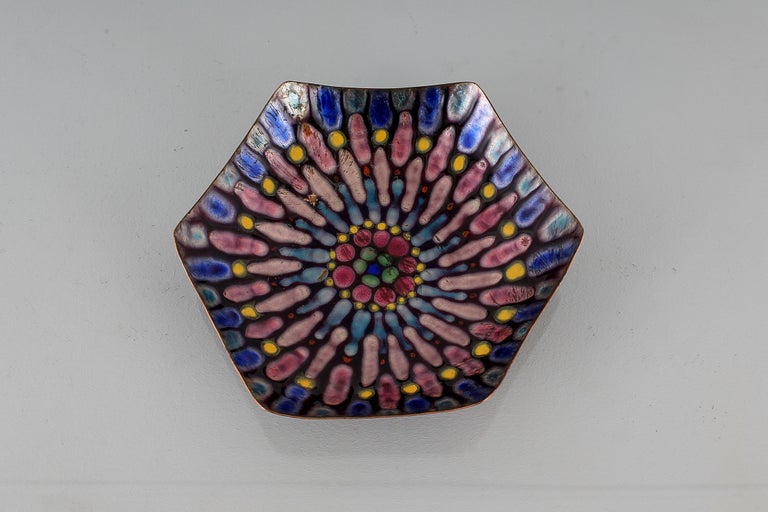 De Poli Style Metal Arte Copper Centerpiece Bowl Polychrome Enamels