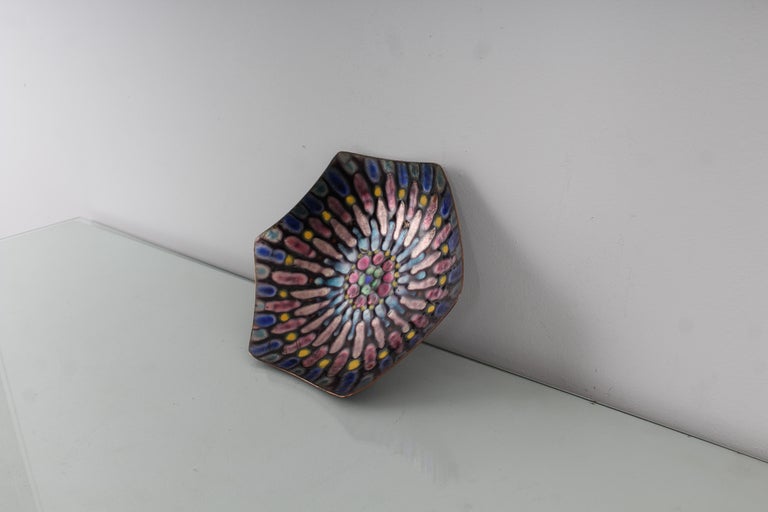 De Poli Style Metal Arte Copper Centerpiece Bowl Polychrome Enamels