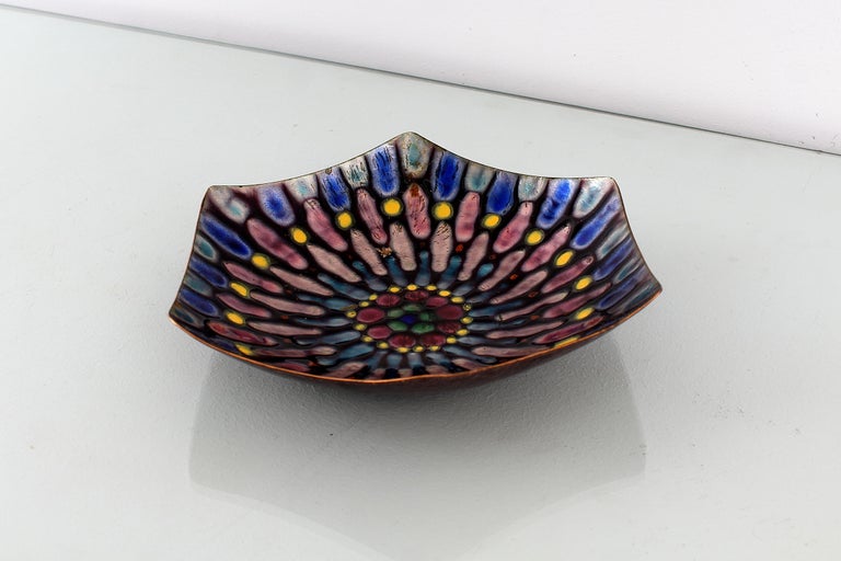 De Poli Style Metal Arte Copper Centerpiece Bowl Polychrome Enamels
