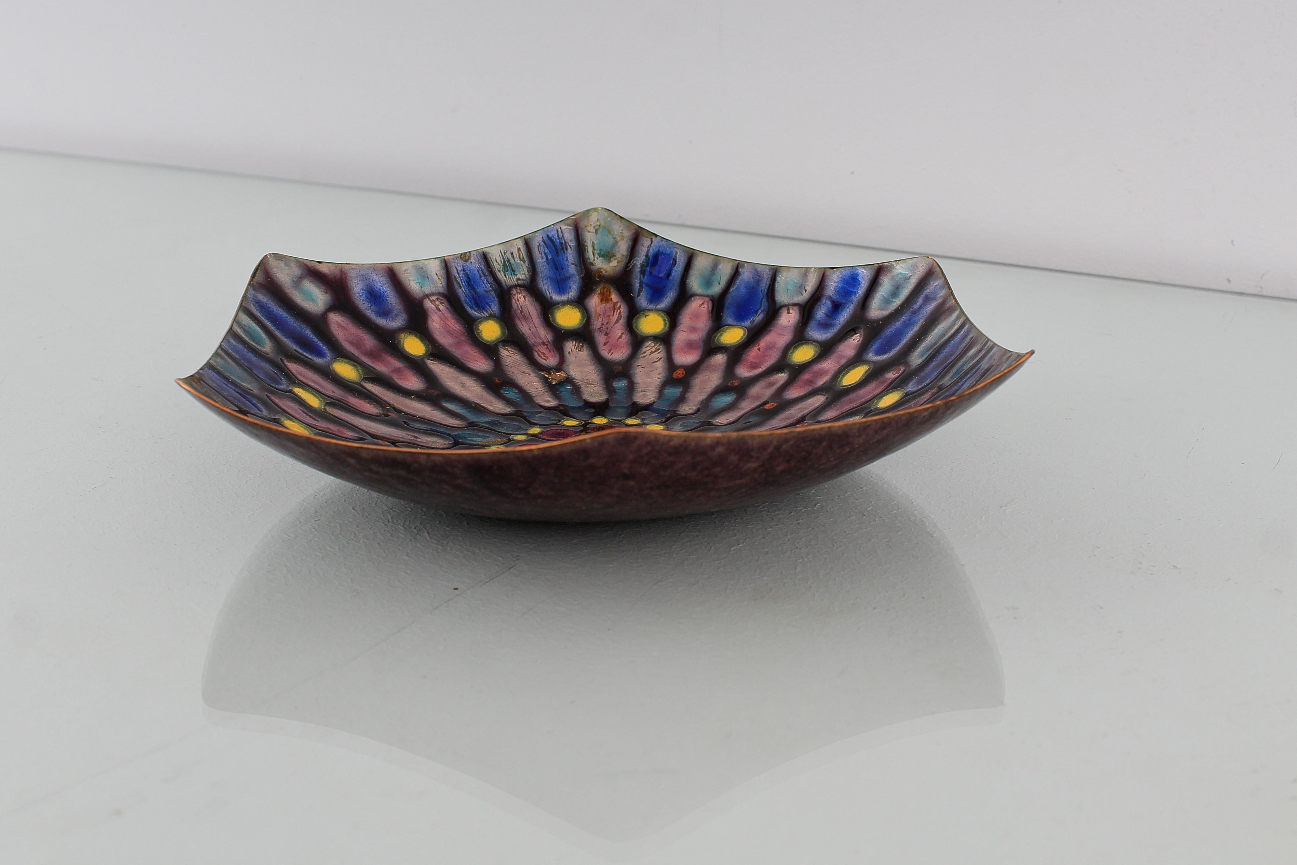 De Poli Style Metal Arte Copper Centerpiece Bowl Polychrome Enamels, Italy 50s For Sale 2