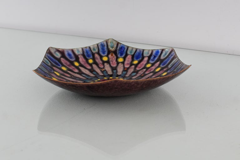 De Poli Style Metal Arte Copper Centerpiece Bowl Polychrome Enamels